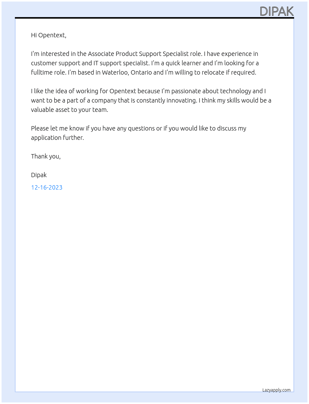 Associate Product Support Specialist At Opentext Cover Letter