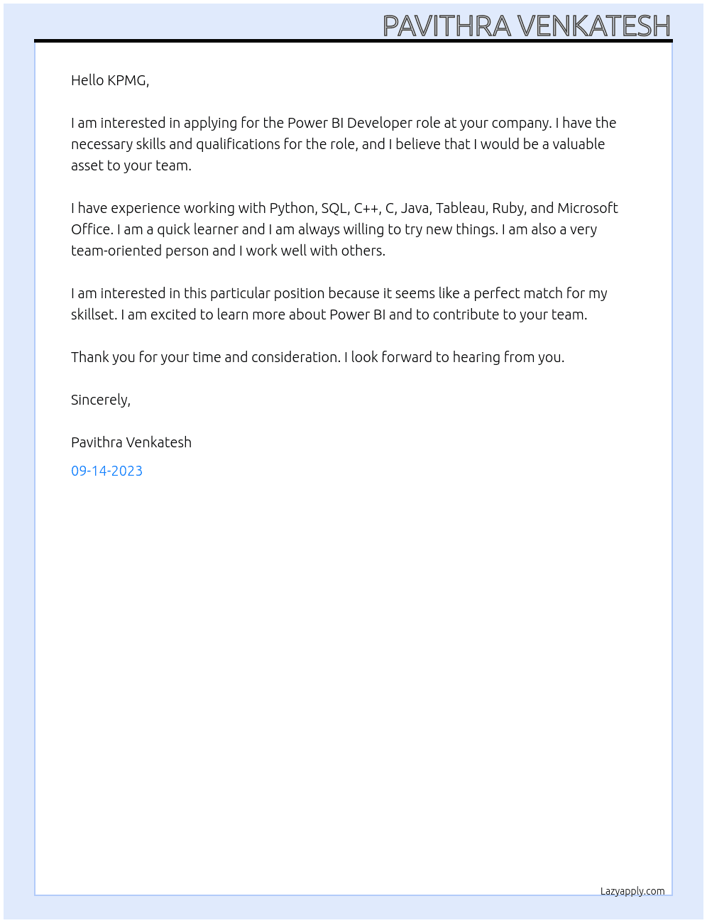 Power BI Developer At KPMG Cover Letter