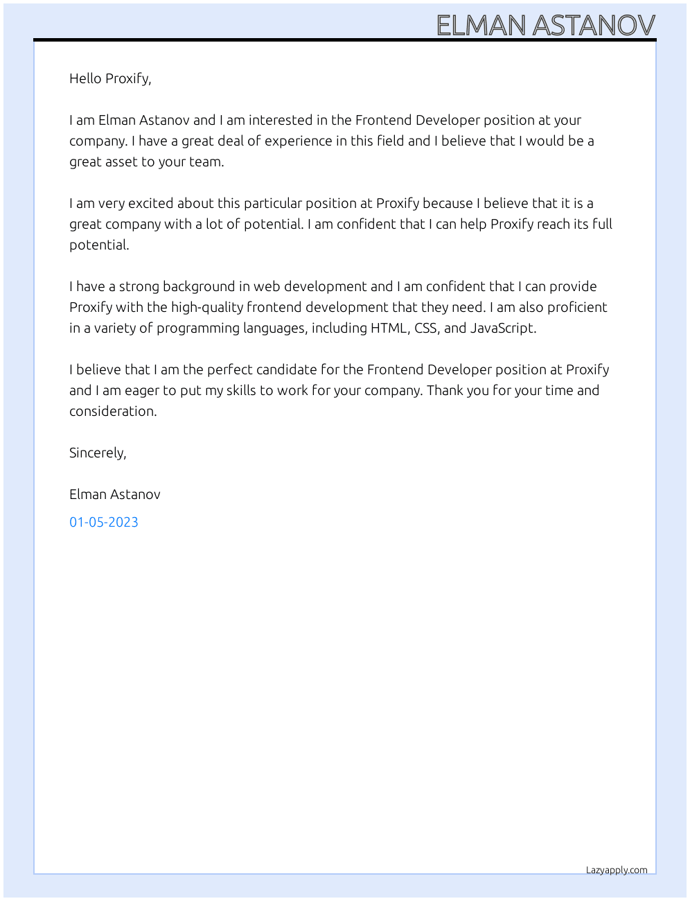 Frontend Developer At Proxify Cover Letter