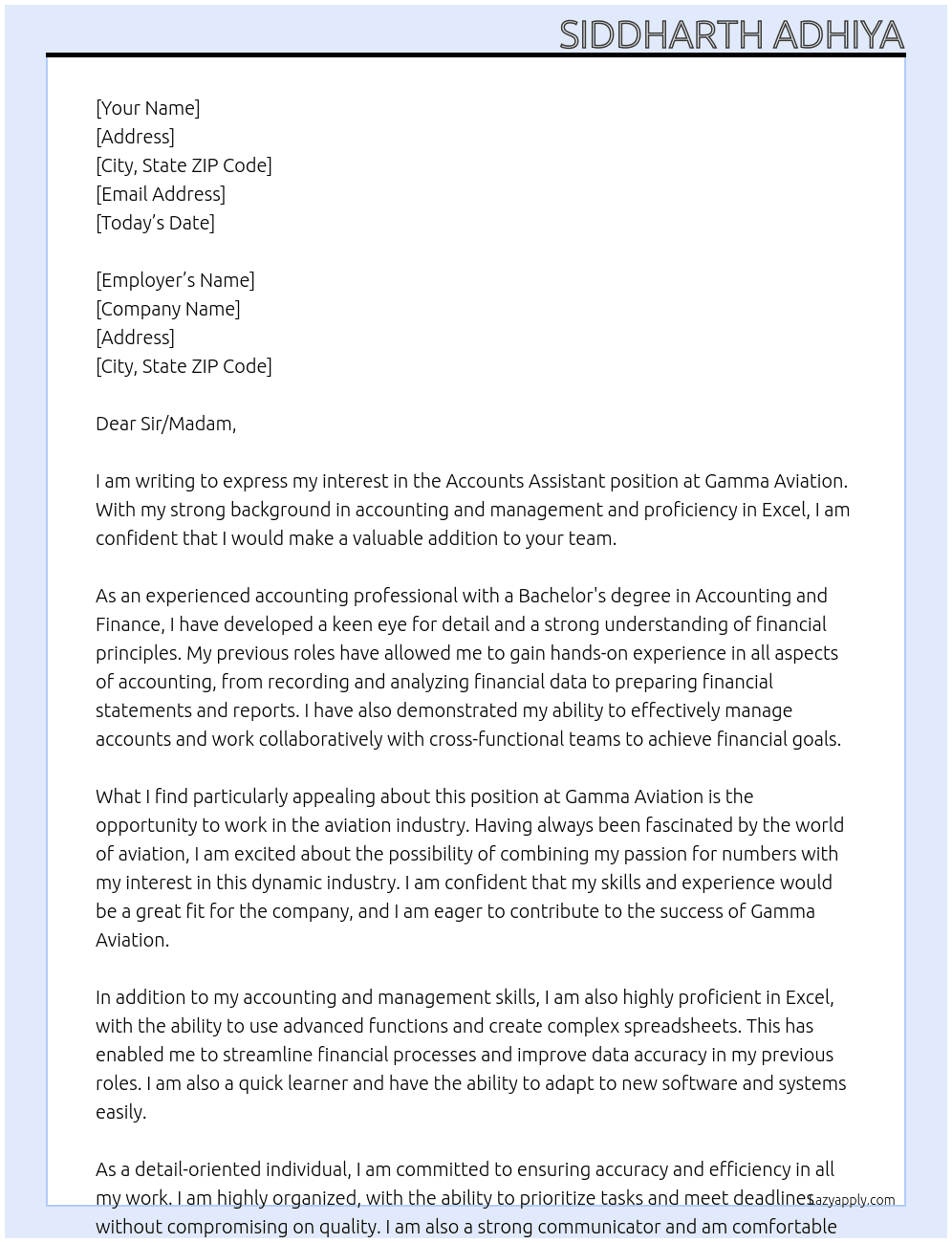 Accounts Assistant At Gamma Aviation  Cover Letter