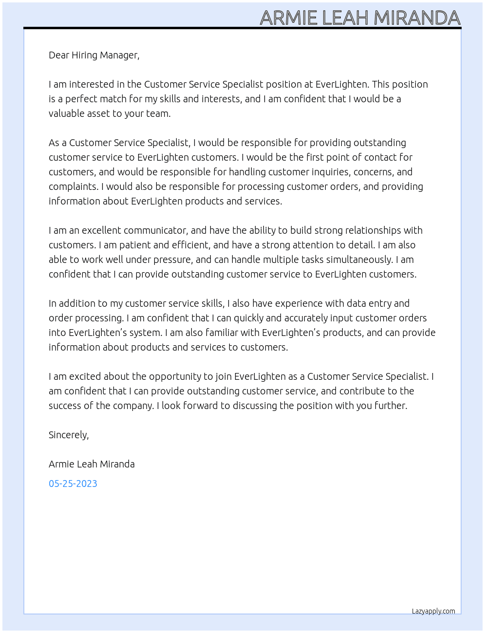 Customer Service Specialist At EverLighten - Manila Cover Letter