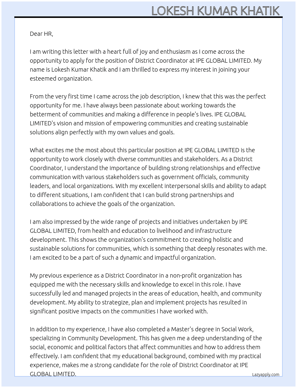District Coordinator  At IPE GLOBAL LIMITED  Cover Letter