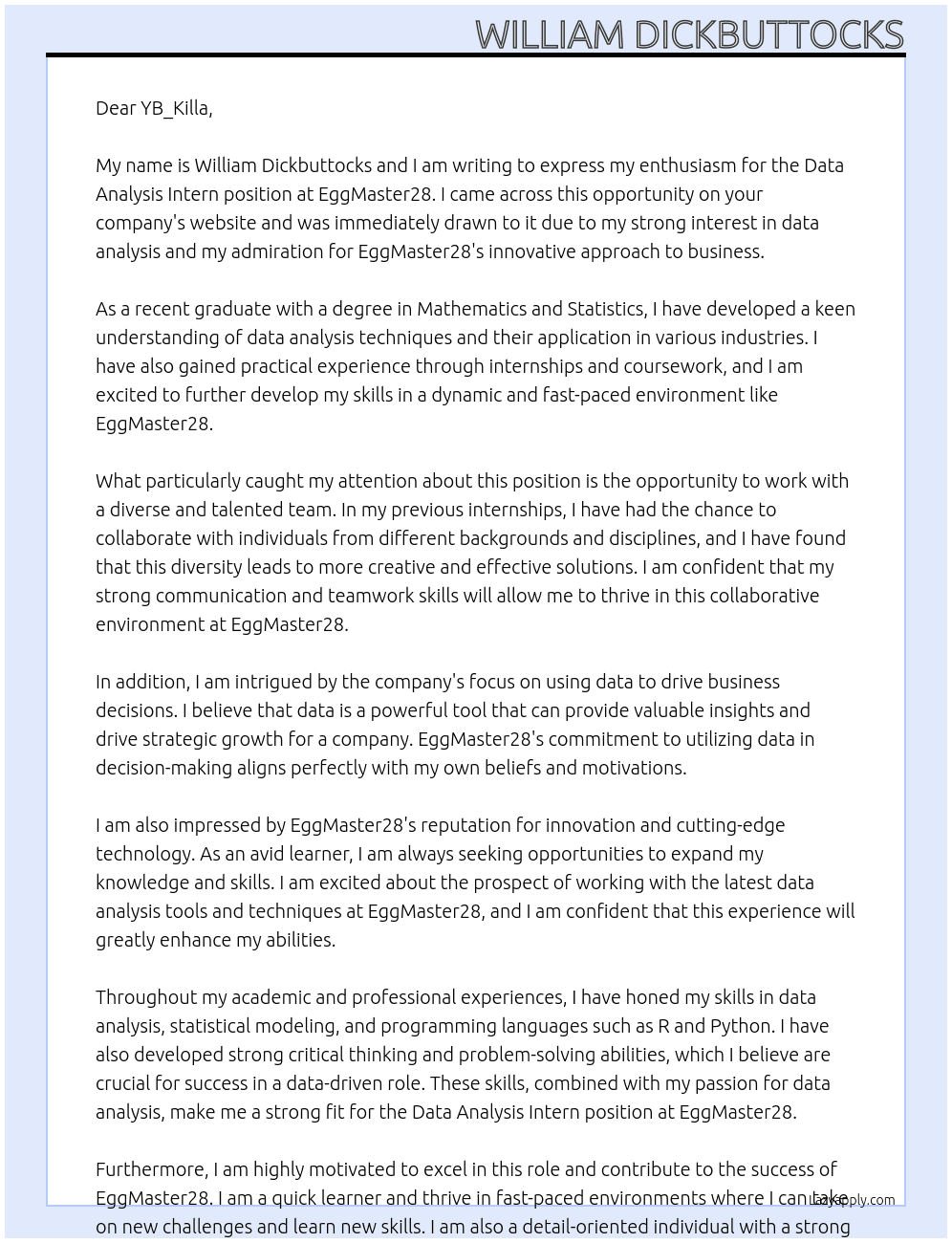 Data Analysis Intern At EggMaster28 Cover Letter