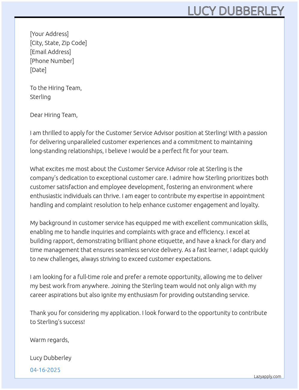 Customer service advisor  At Sterling  Cover Letter