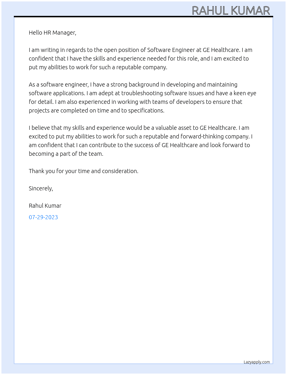 Software Engineer  At GE HealthCare Cover Letter
