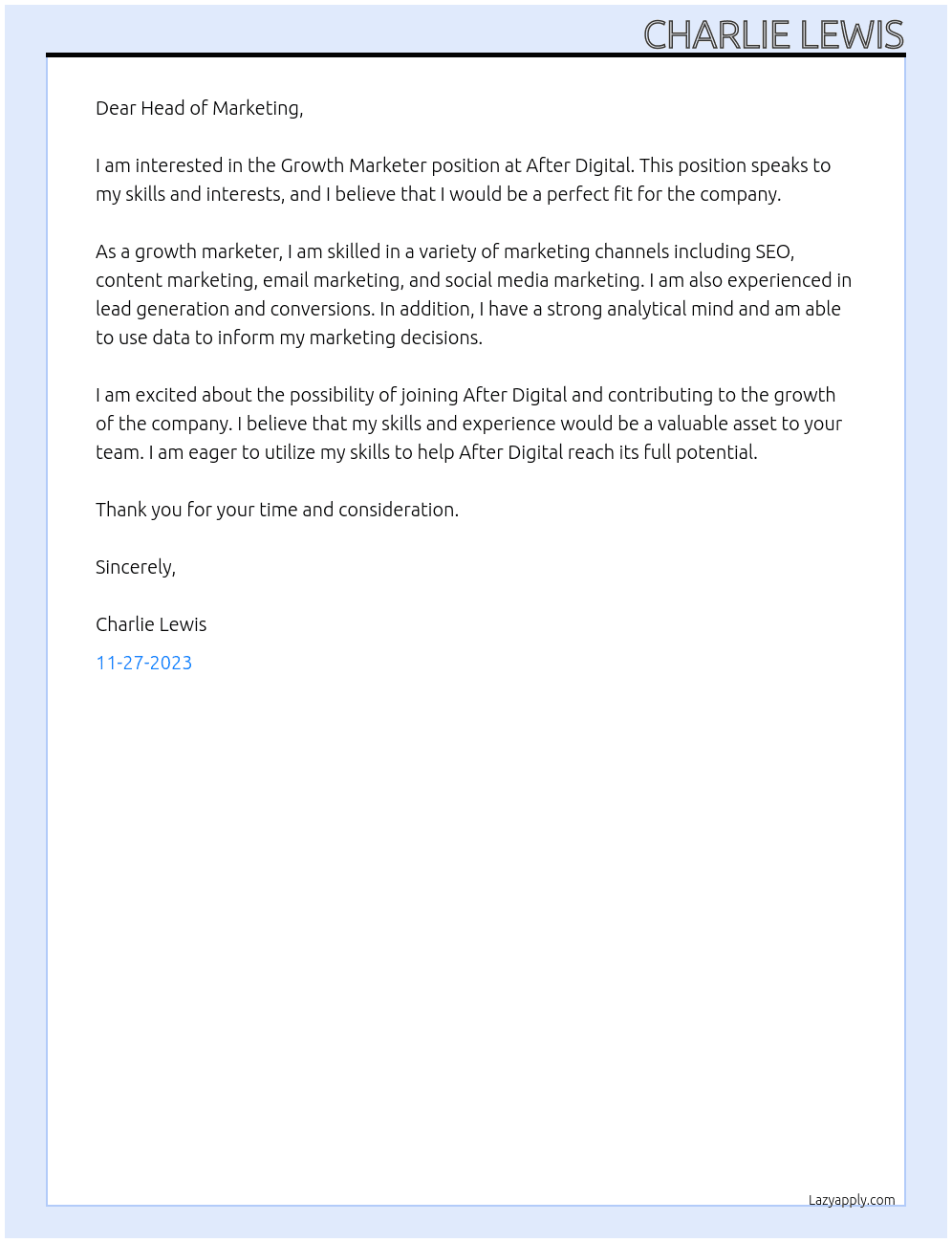 Growth Marketer At After Digital Cover Letter