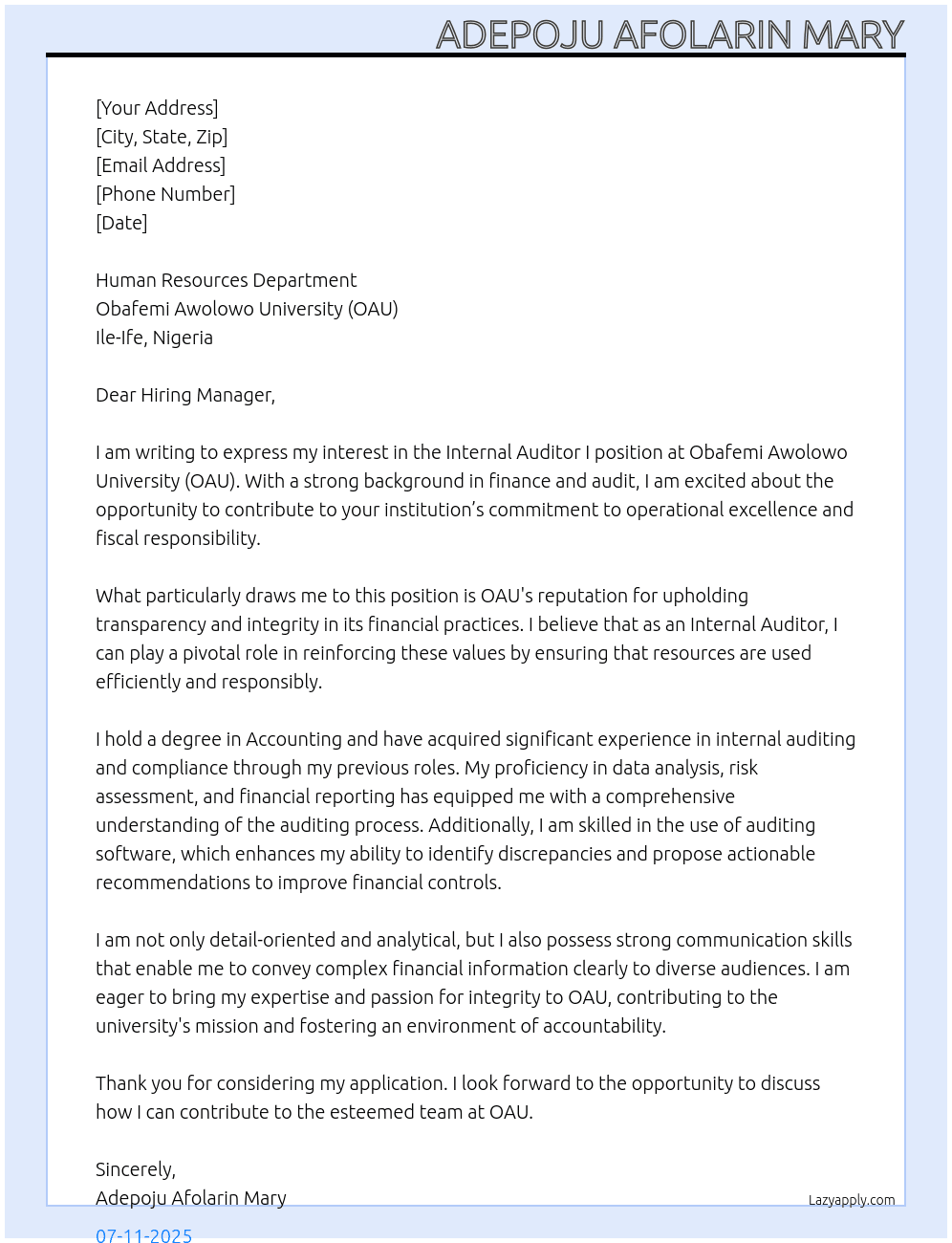 Cover letter for internal auditor i - LazyApply