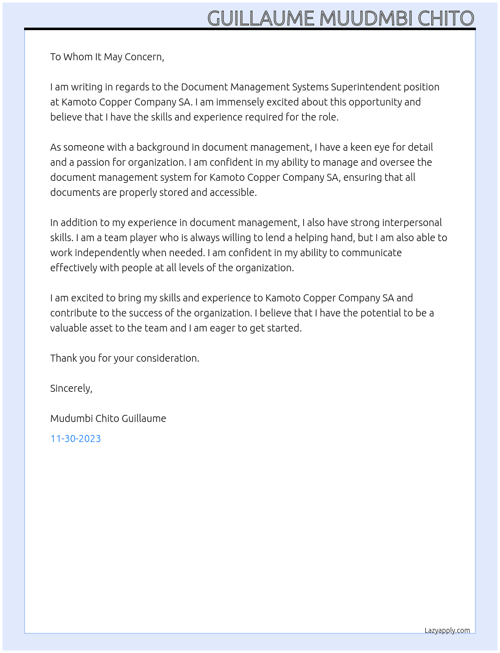 Document Management Systems Superintendent At Kamoto Copper Company SA Cover Letter