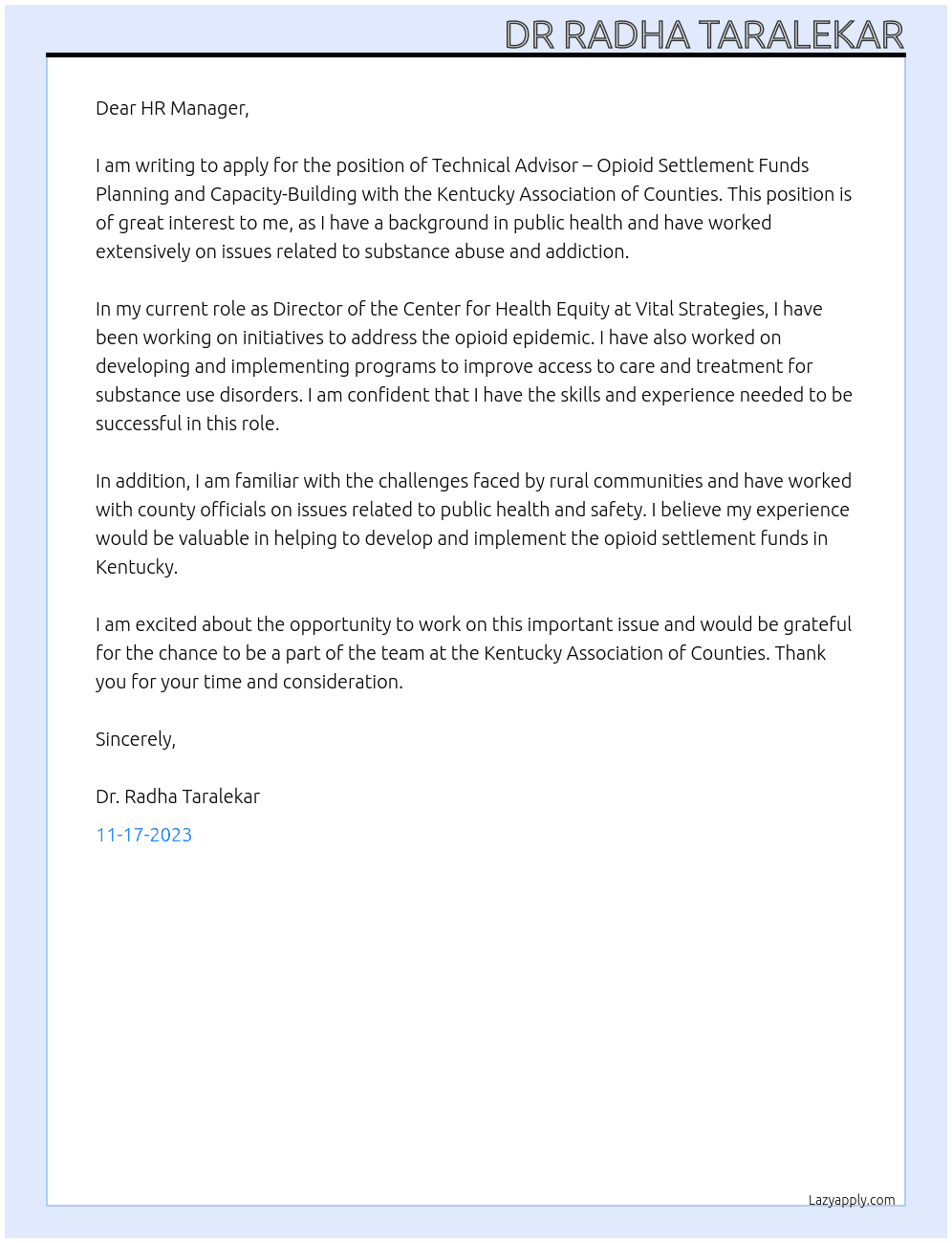 Technical Advisor – Opioid Settlement Funds Planning and Capacity-Building, Kentucky Association of Counties At Vital Strategies Cover Letter