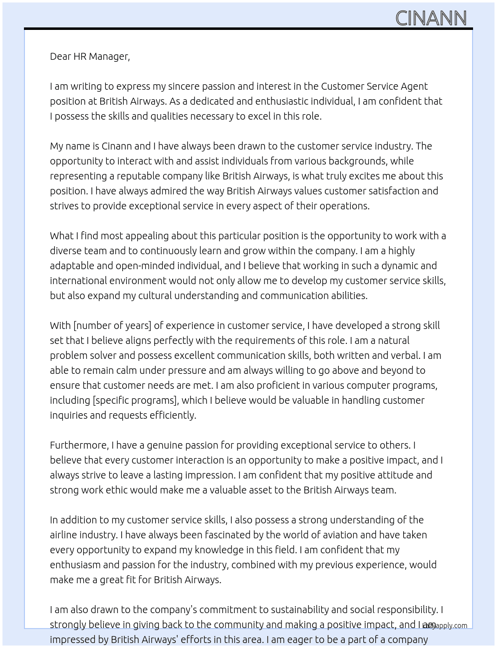 Customer service Agent  At British Airwaya  Cover Letter