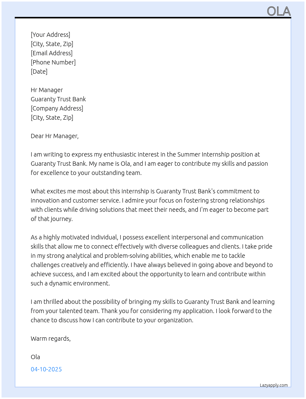 Intern  At Guaranty Trust Bank Cover Letter