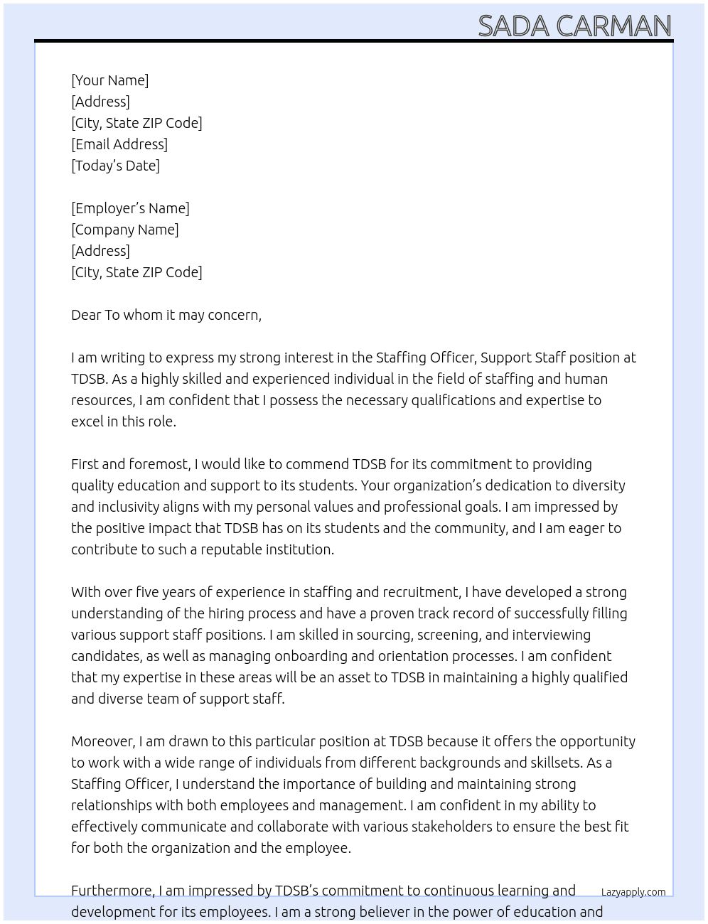 Staffing Officer, Support Staff At TDSB Cover Letter
