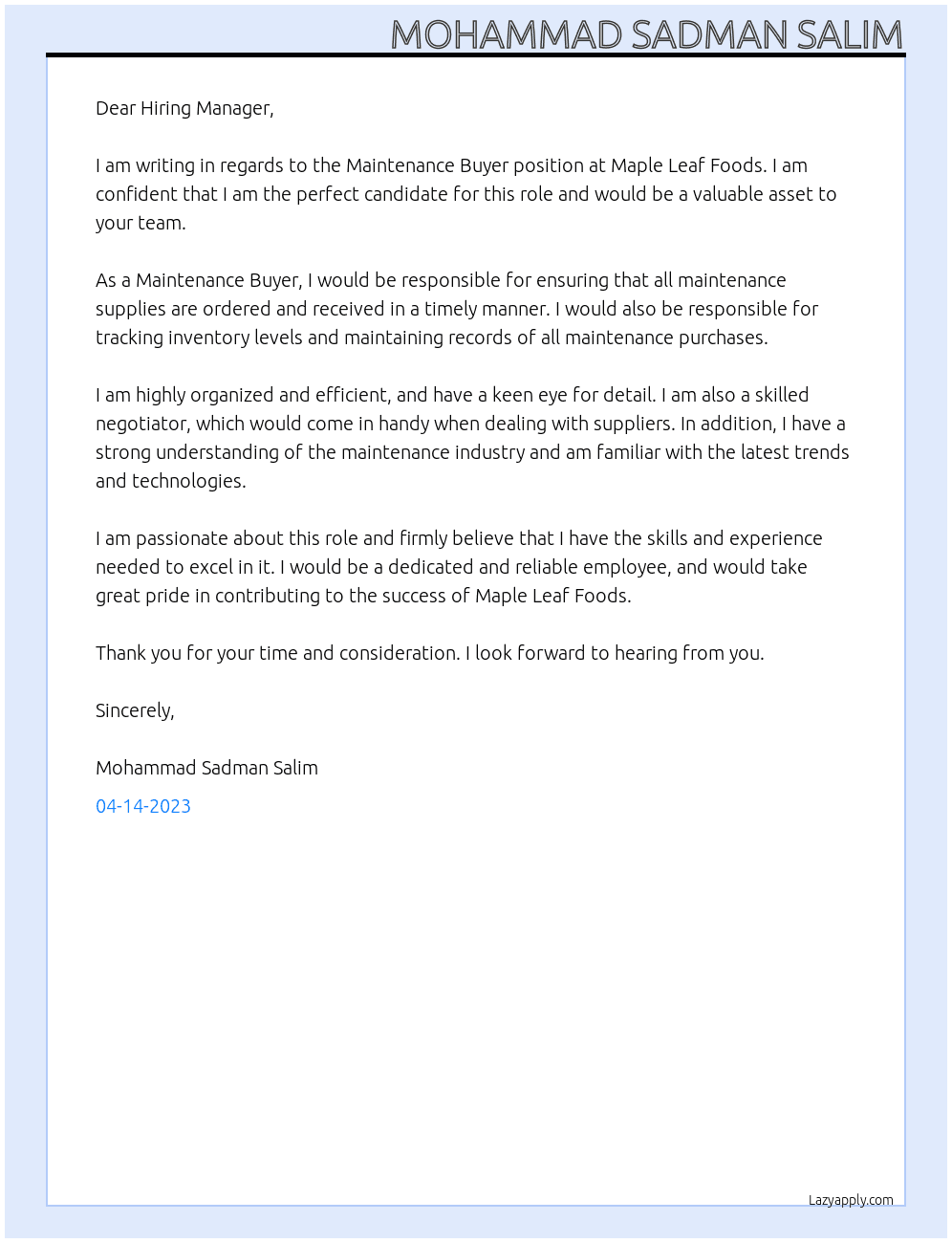 Maintenance Buyer At Maple Leaf Foods Cover Letter