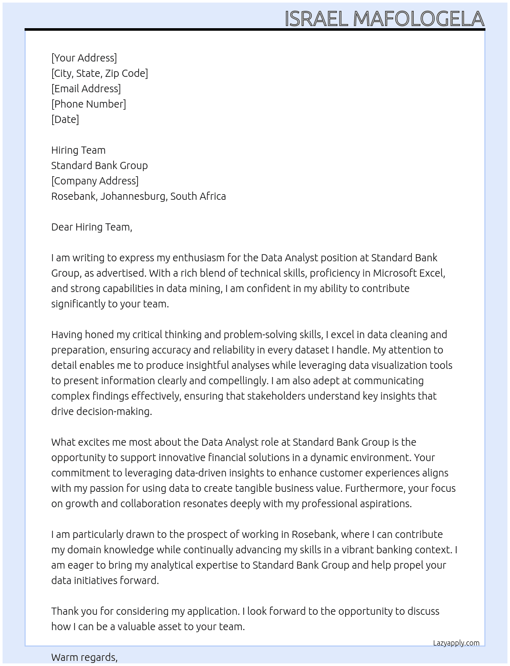 Data Analyst At Standard Bank Group Cover Letter