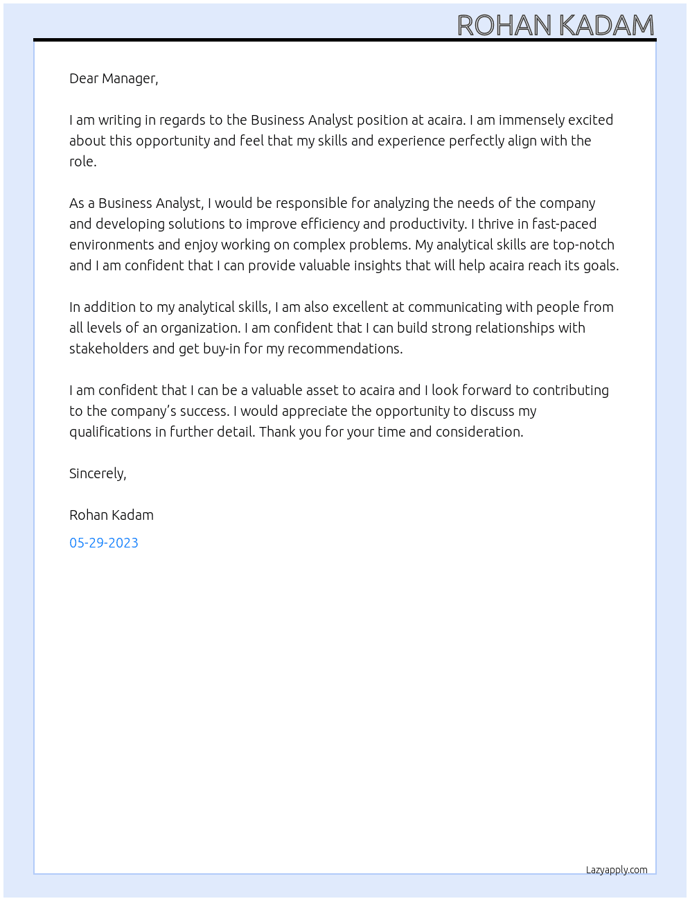 Business Analyst At acaira Cover Letter