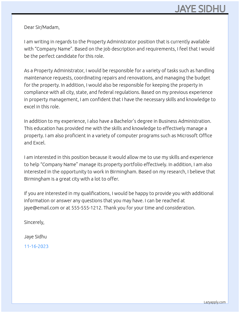 Property Administrator At “Company name” Cover Letter
