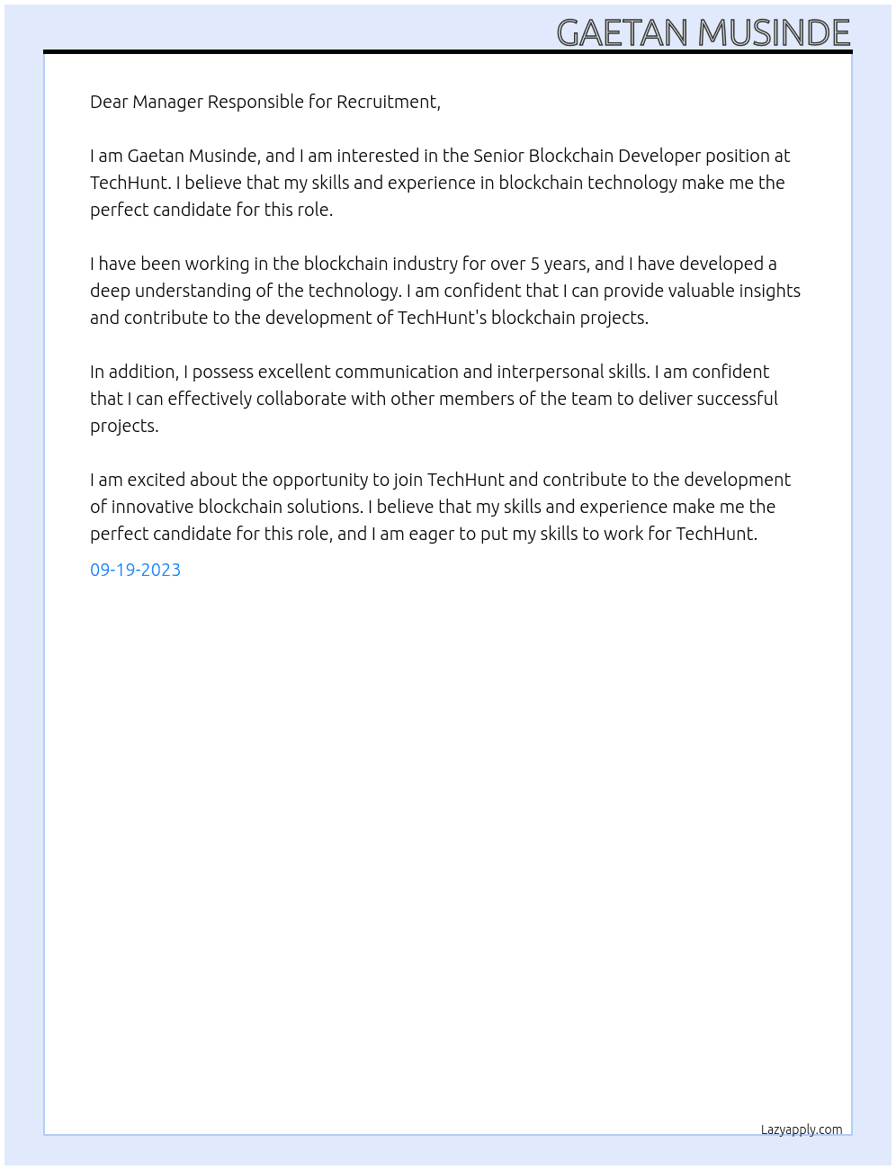 Senior Blockchain Developer At TechHunt Cover Letter