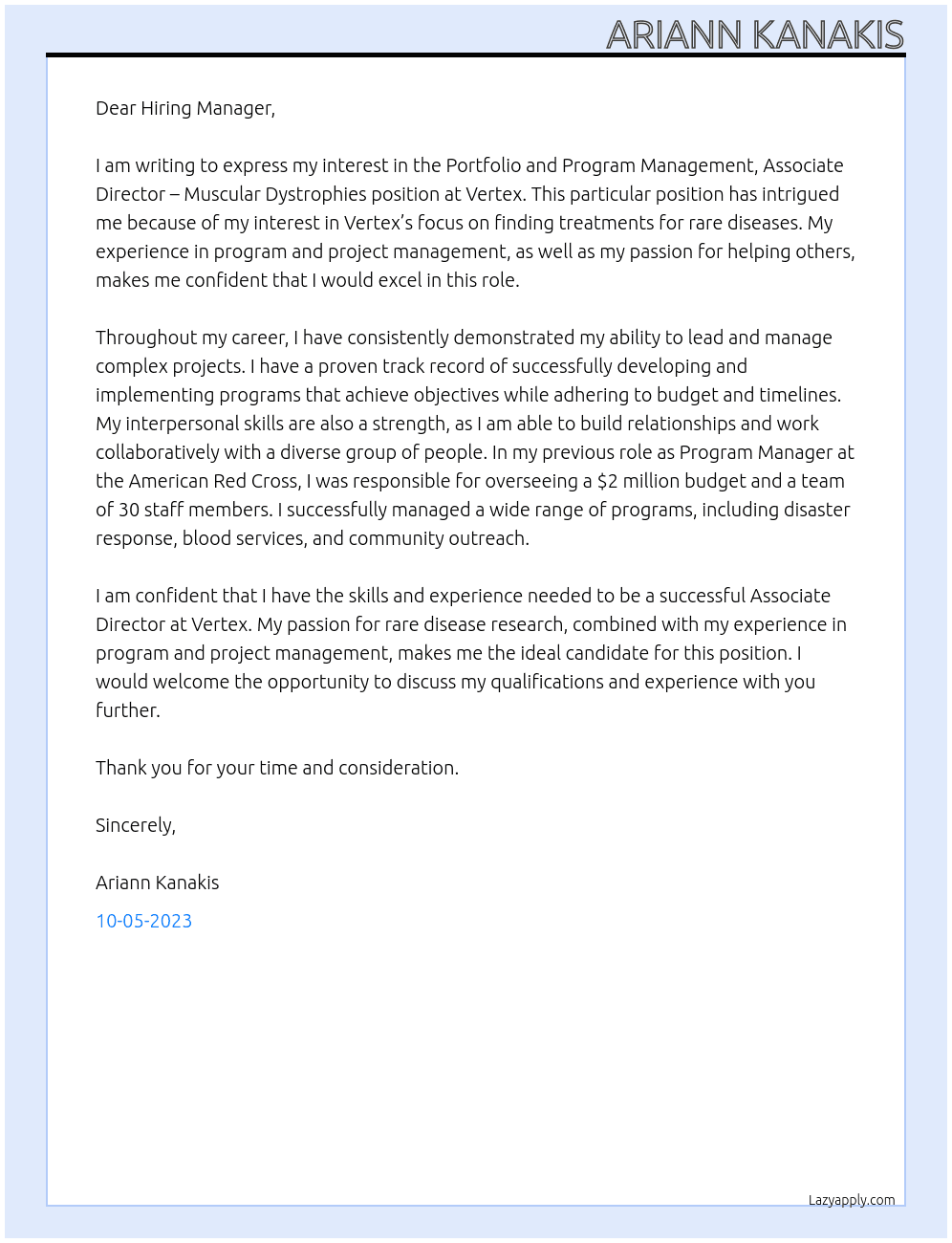 Portfolio and Program Management, Associate Director – Muscular Dystrophies At Vertex Cover Letter