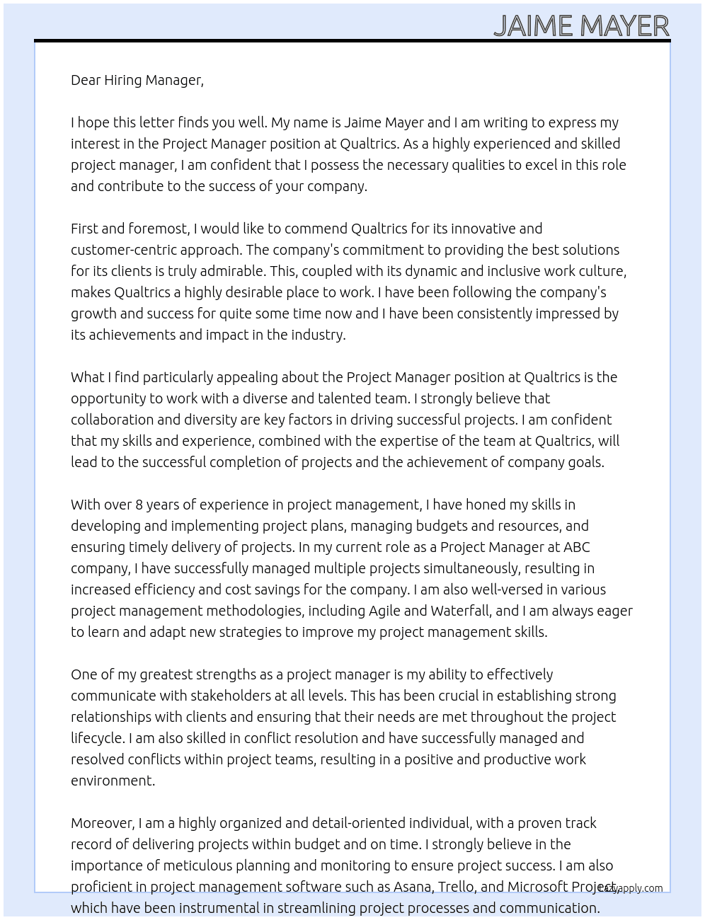 Project Manager At Qualtrics Cover Letter