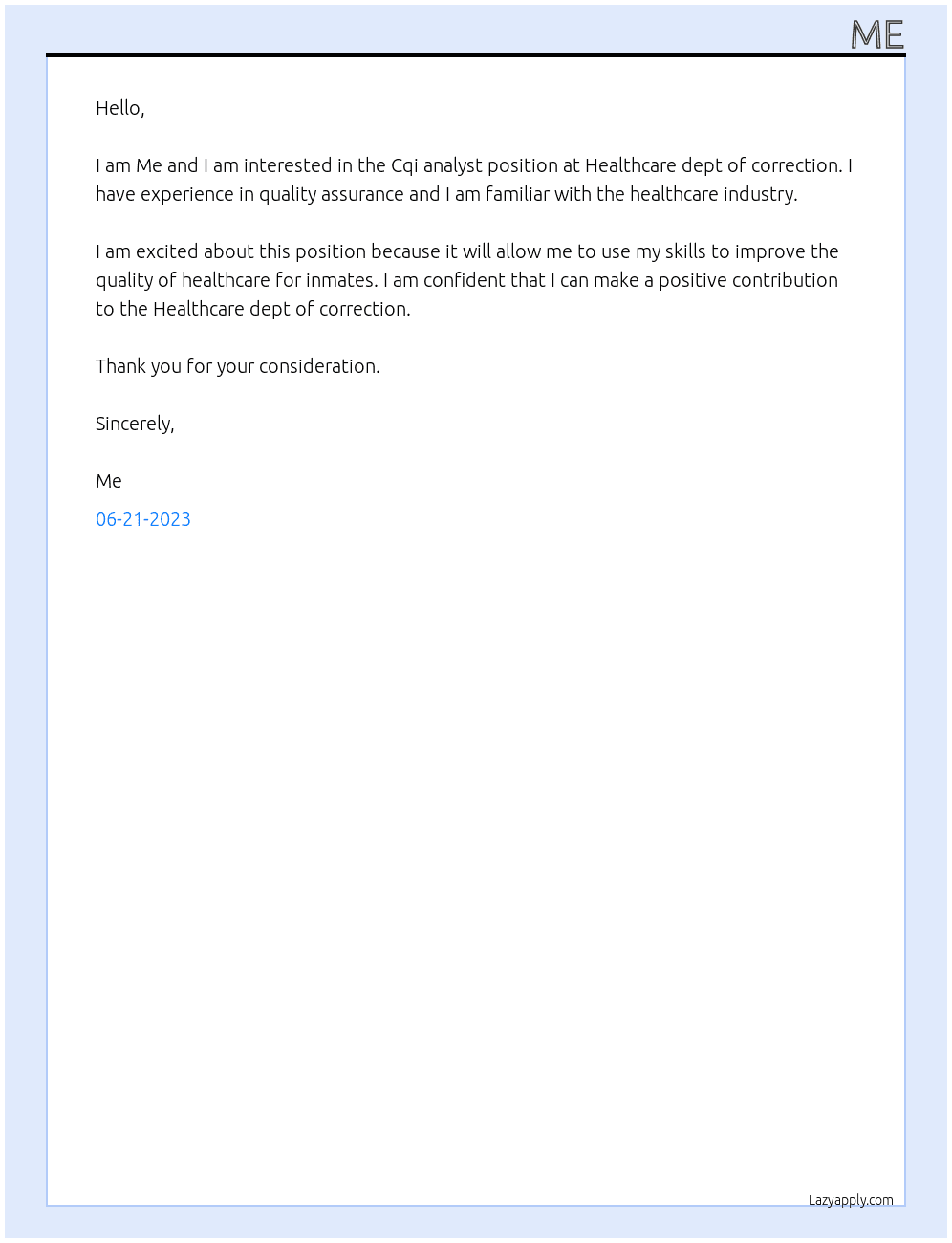 Cqi analyst  At Healthcare dept of correction  Cover Letter