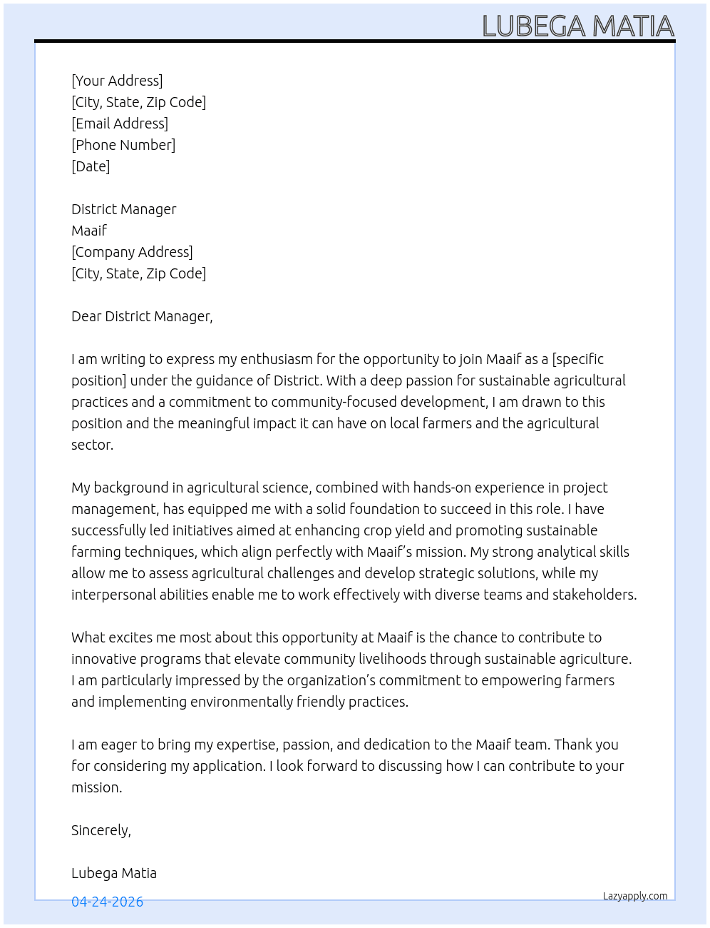 Lubega Matia At Maaif Cover Letter