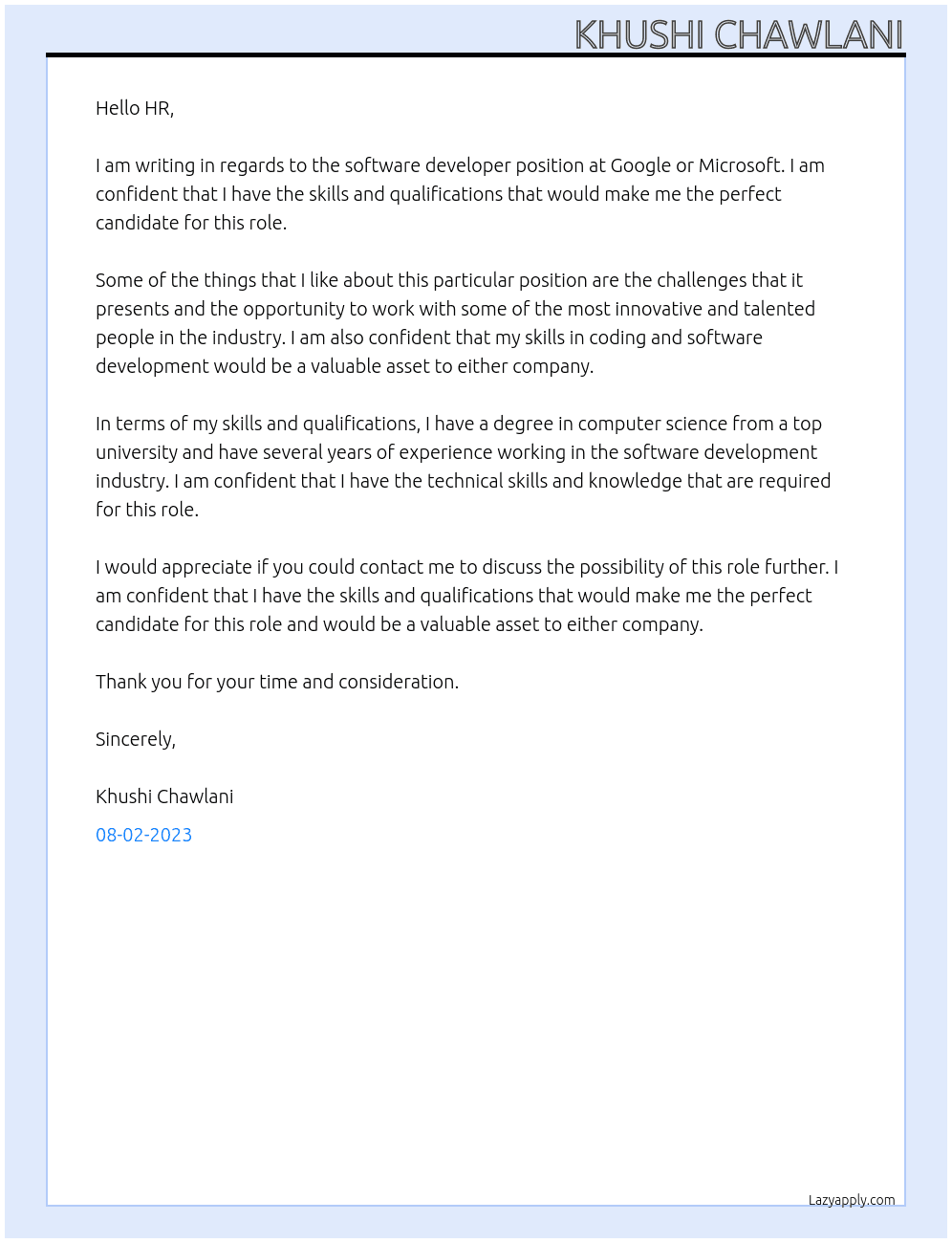 software developer At google, microsoft Cover Letter