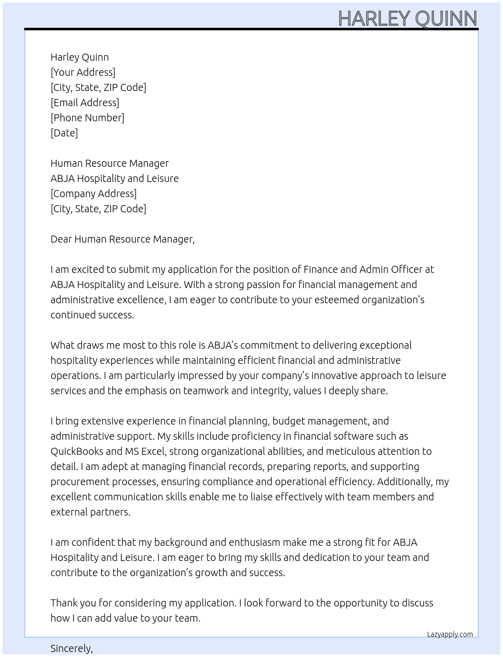 Cover letter for finance and admin officer - LazyApply