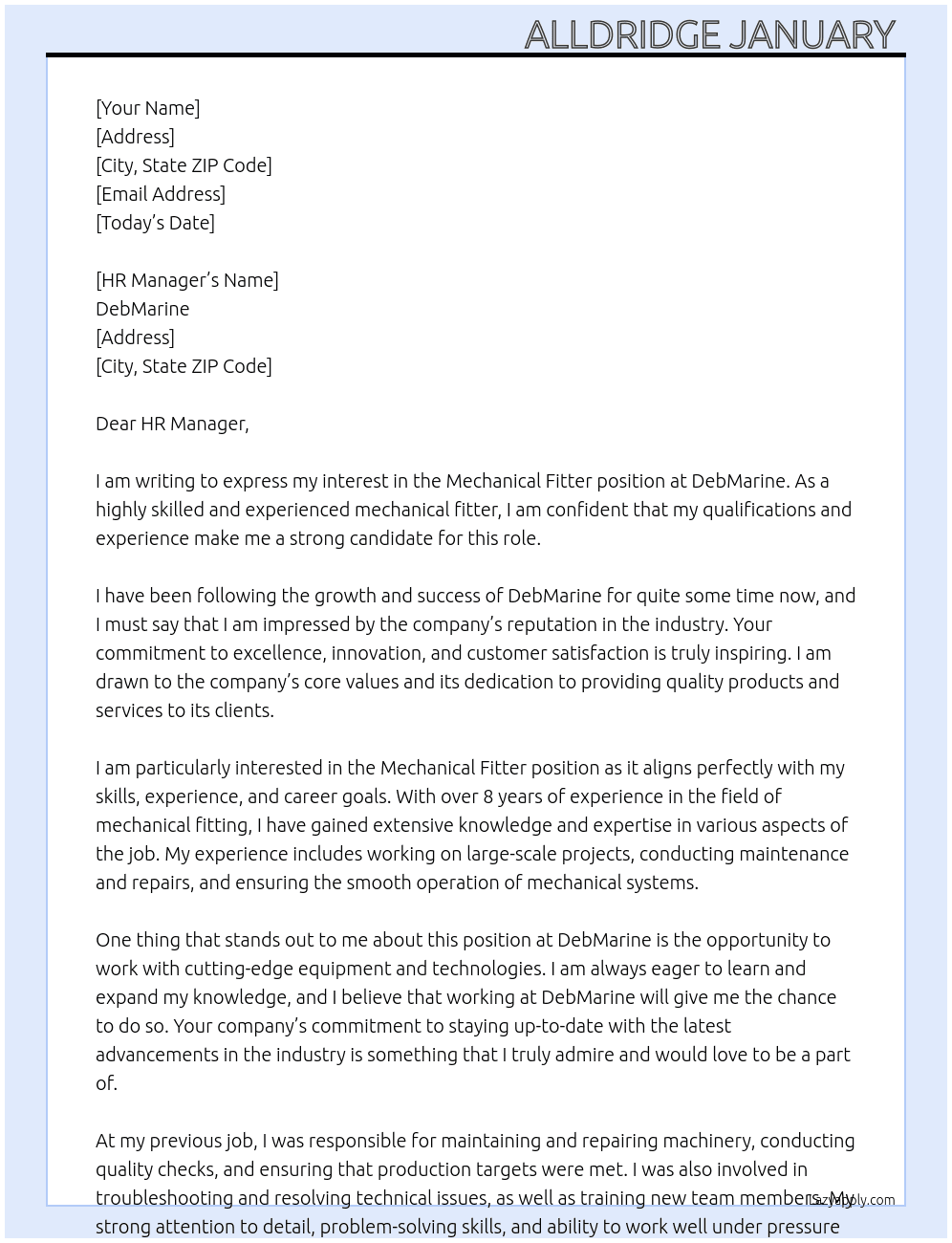 Mechanical Fitter  At DebMarine Cover Letter