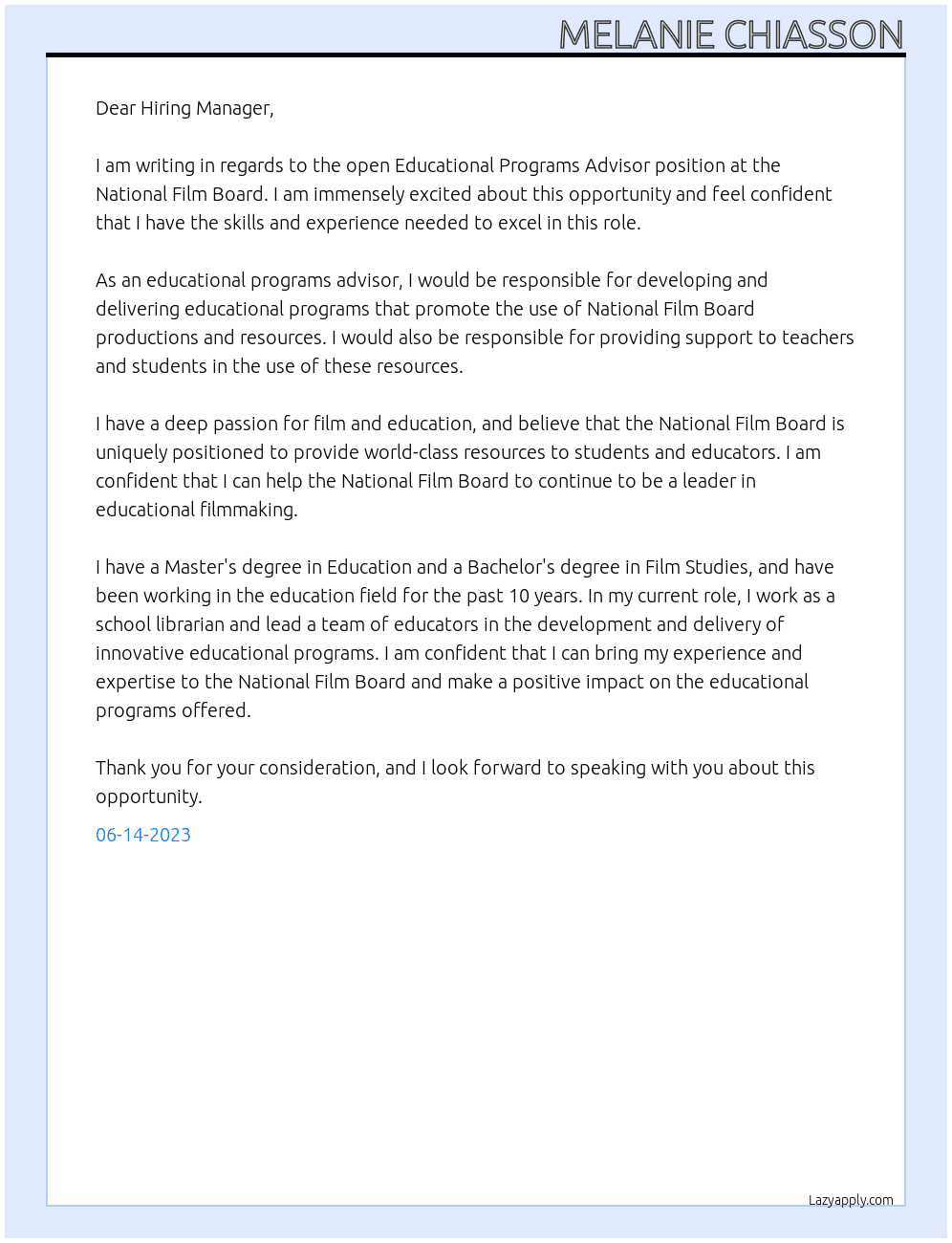 Educational Programs Advisor At National Film Board Cover Letter