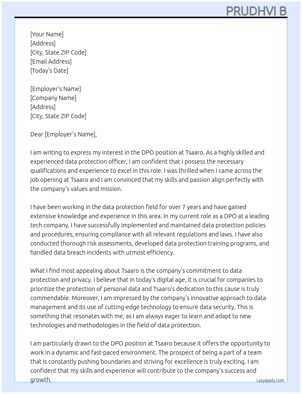 DPO At Tsaaro Cover Letter