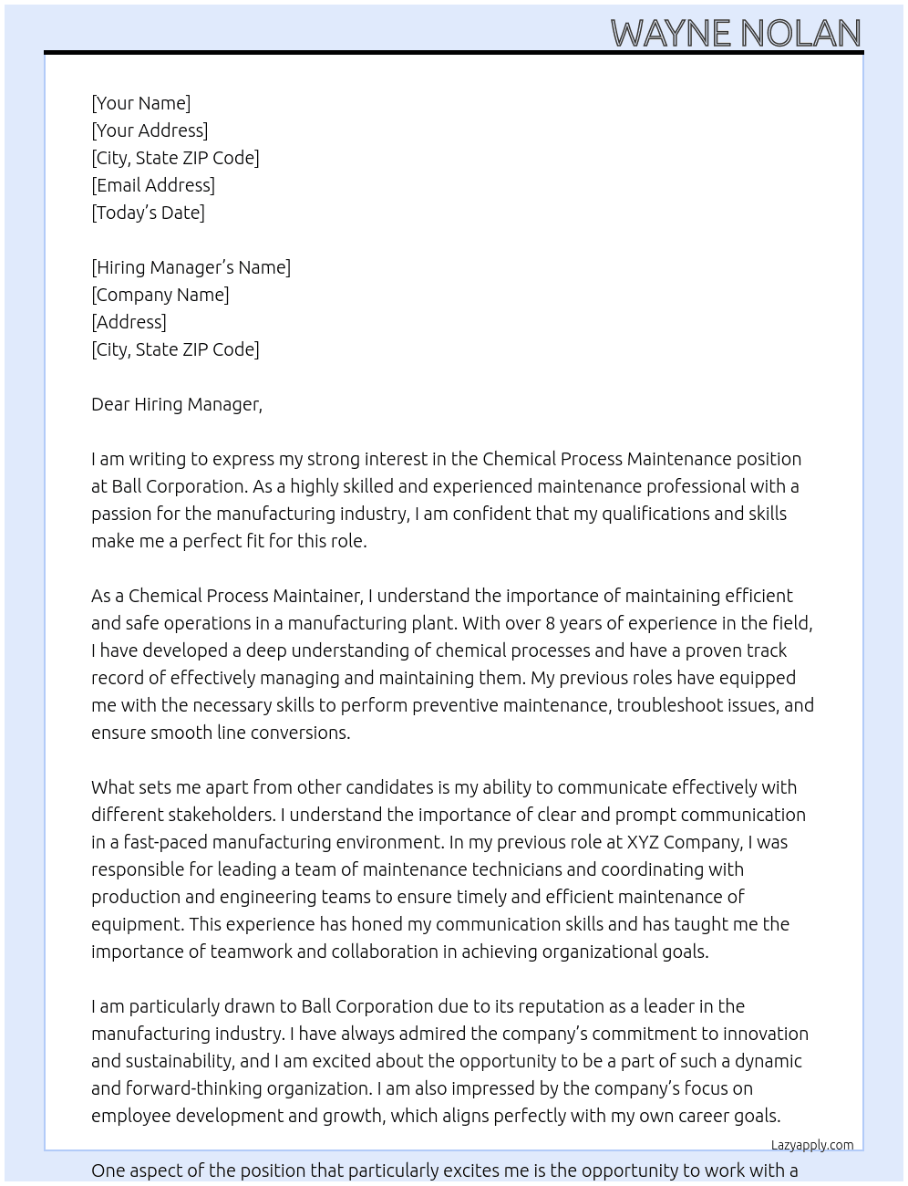 Chemical process maintenaner At Ball corporation  Cover Letter
