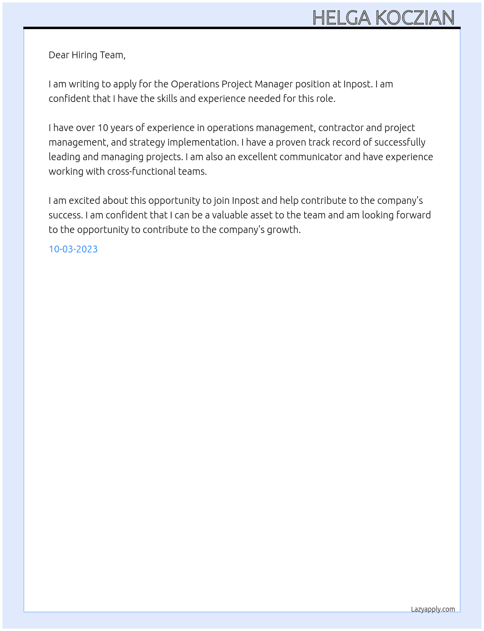 Operations Project manager  At Inpost Cover Letter
