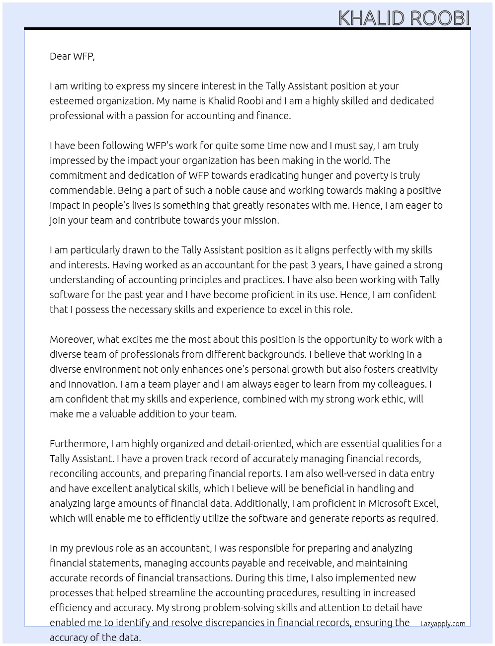 Tally Assistant At WFP  Cover Letter