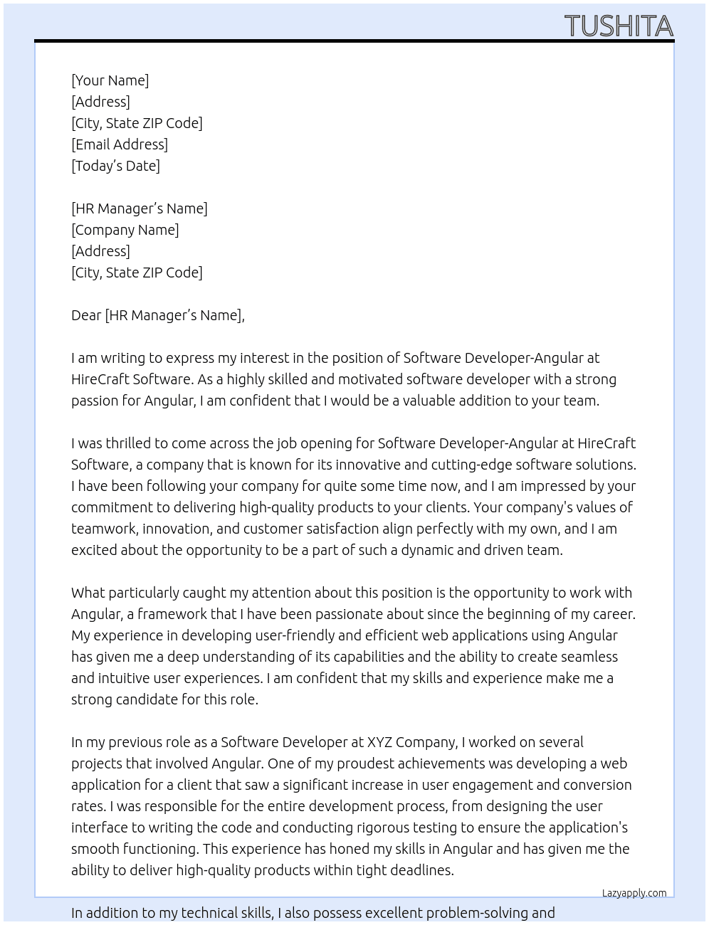 Software Developer-Angular At HireCraft Software Cover Letter