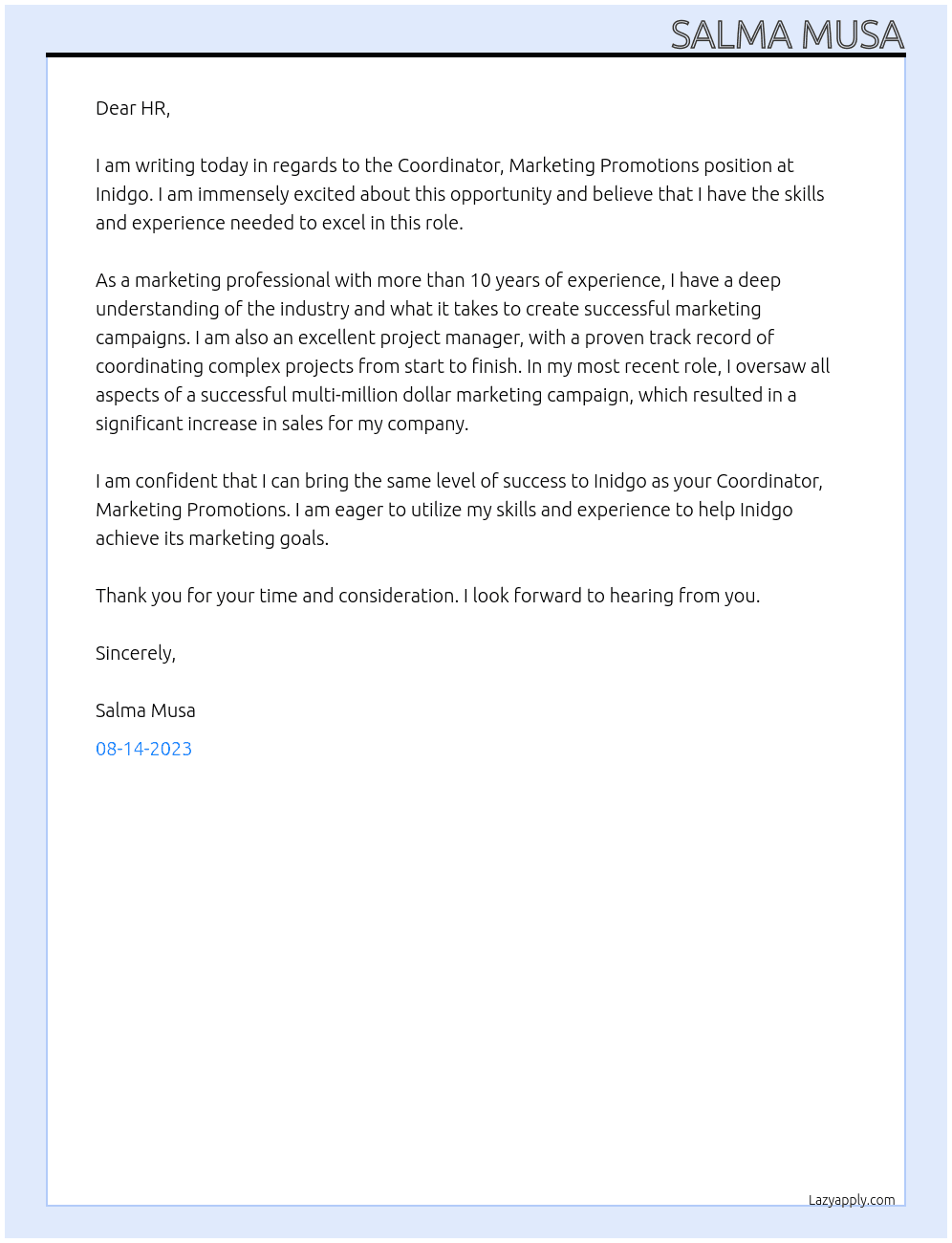 Coordinator, Marketing Promotions  At Inidgo Cover Letter