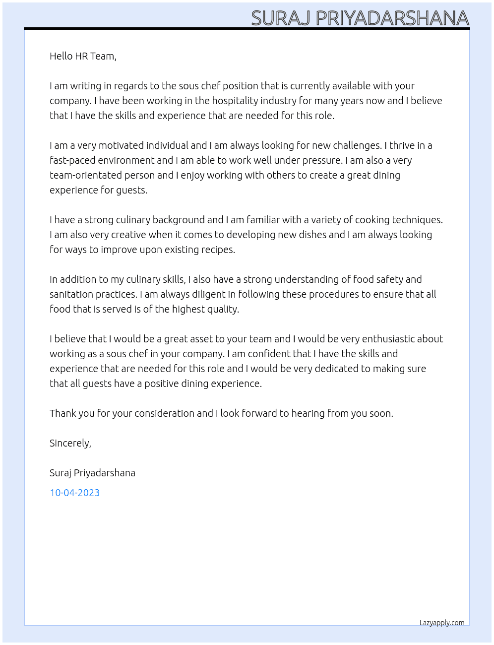 sous chef At hospitality Cover Letter