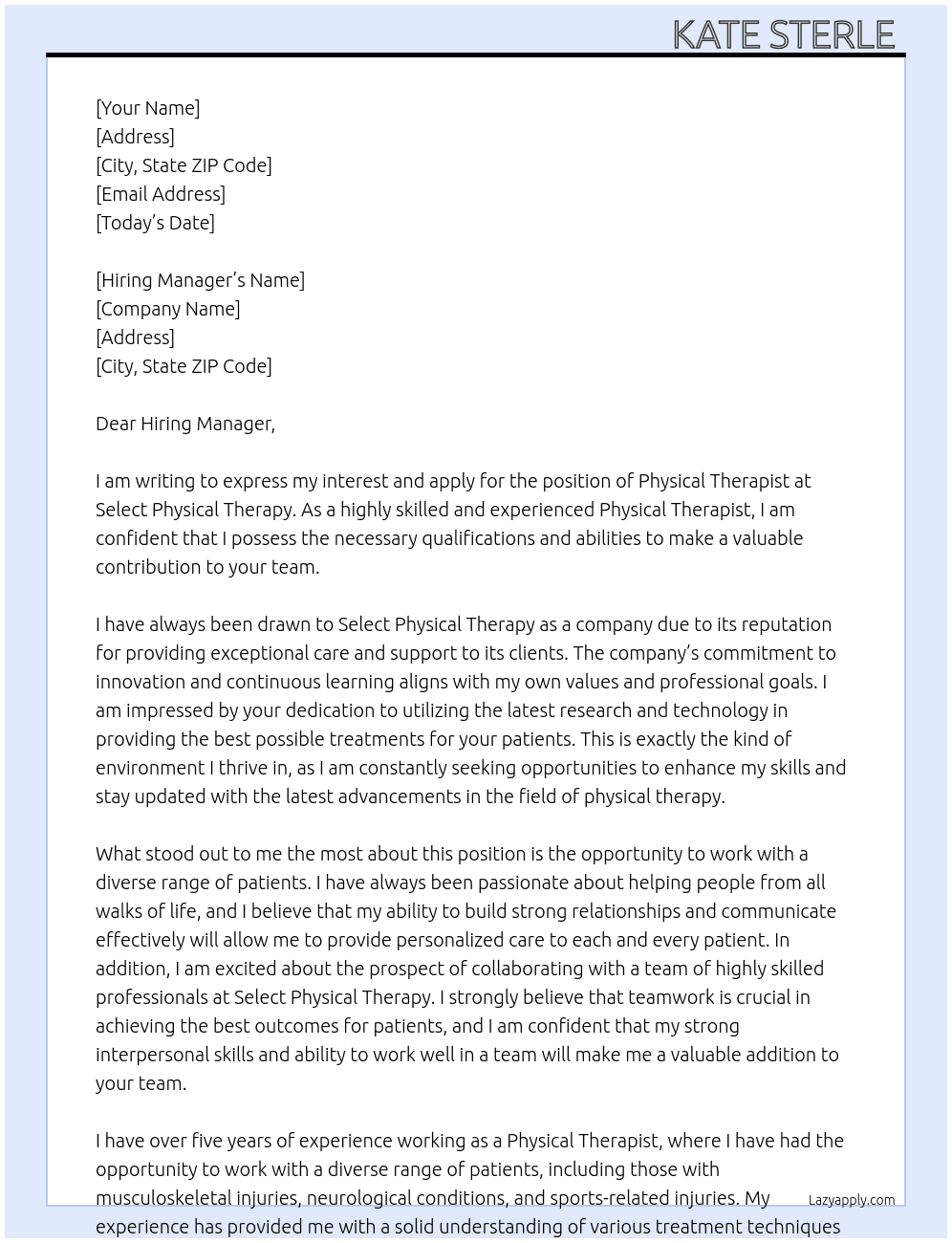 Physical Therapist  At Select Physical Therapy Cover Letter