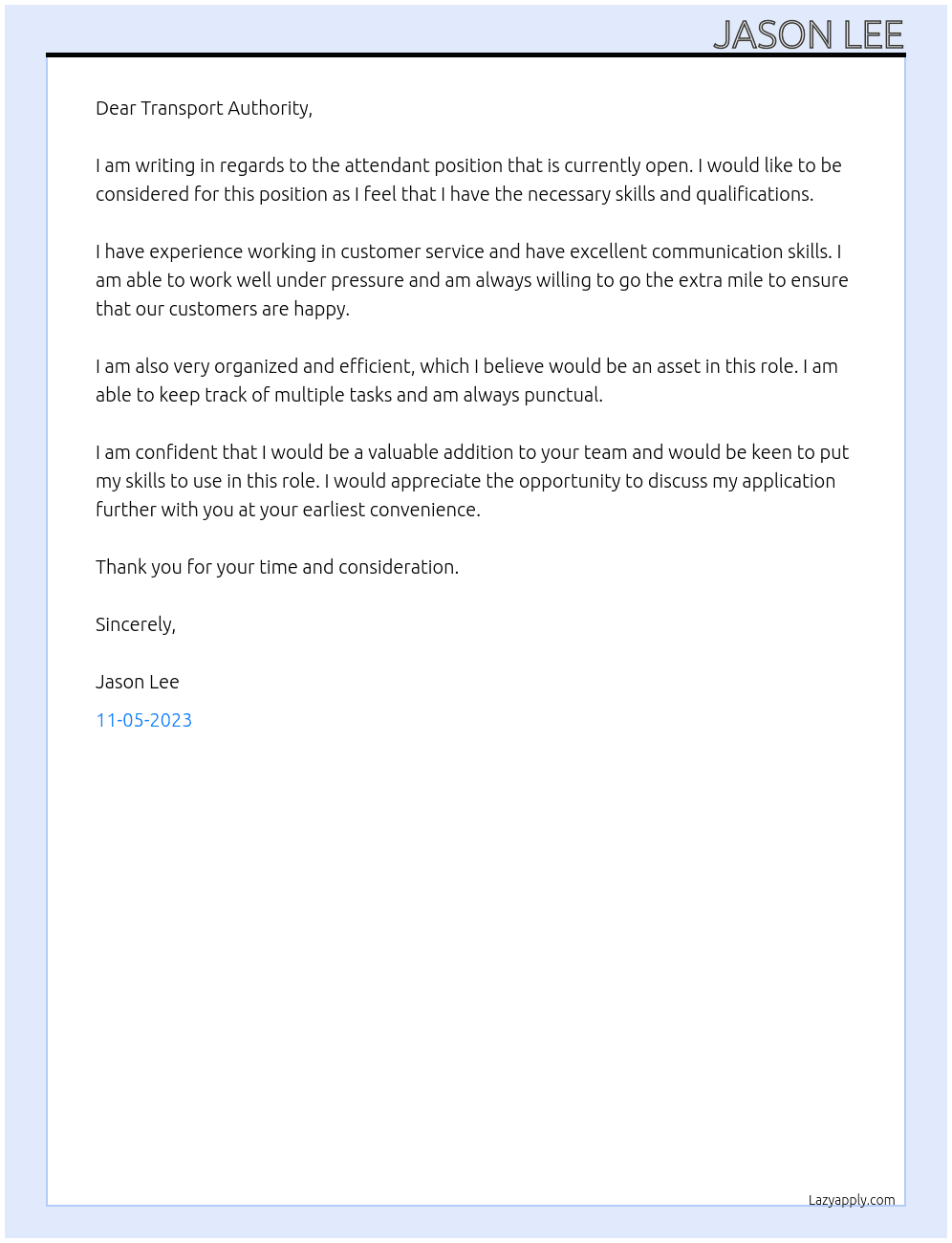 Attendant At Transport Authority Cover Letter