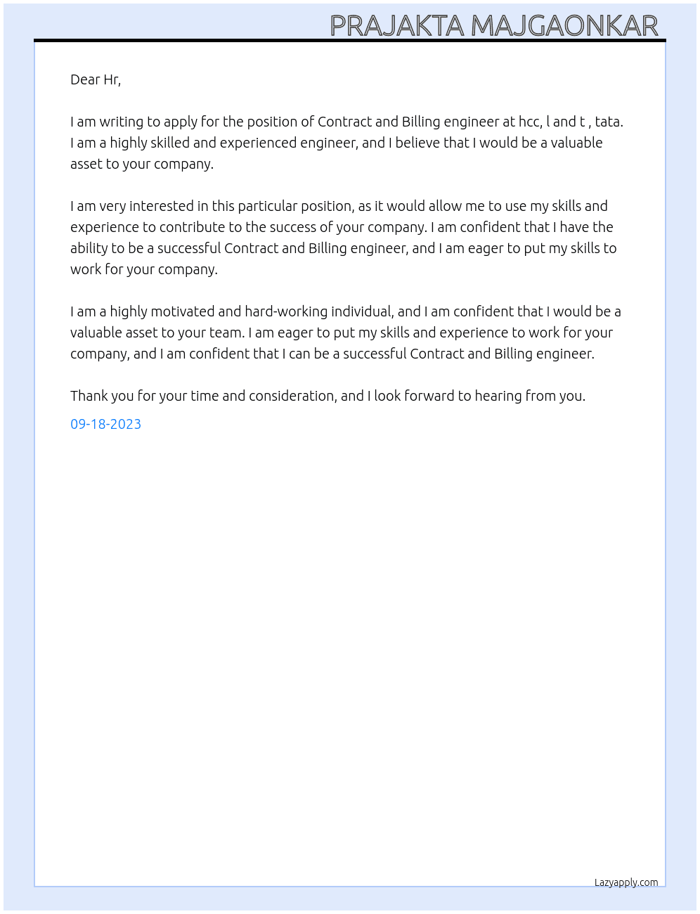 Contract and Billing engineer  At hcc, l and t , tata Cover Letter