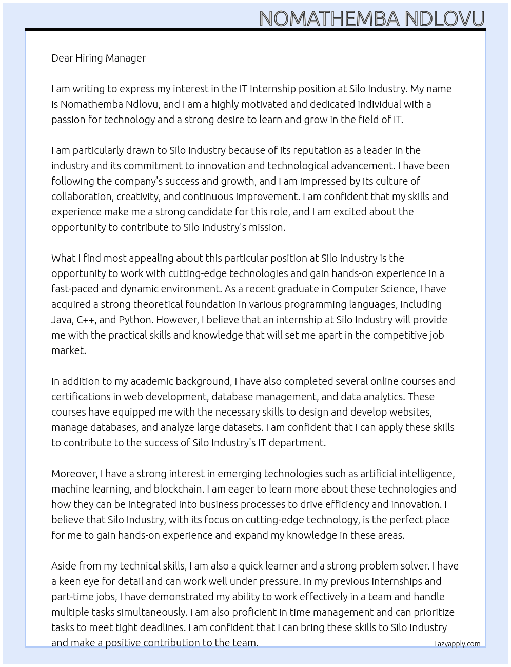 IT Internship  At Silo Industry  Cover Letter