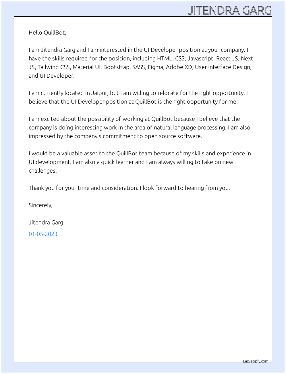 UI Developer At QuillBot Cover Letter