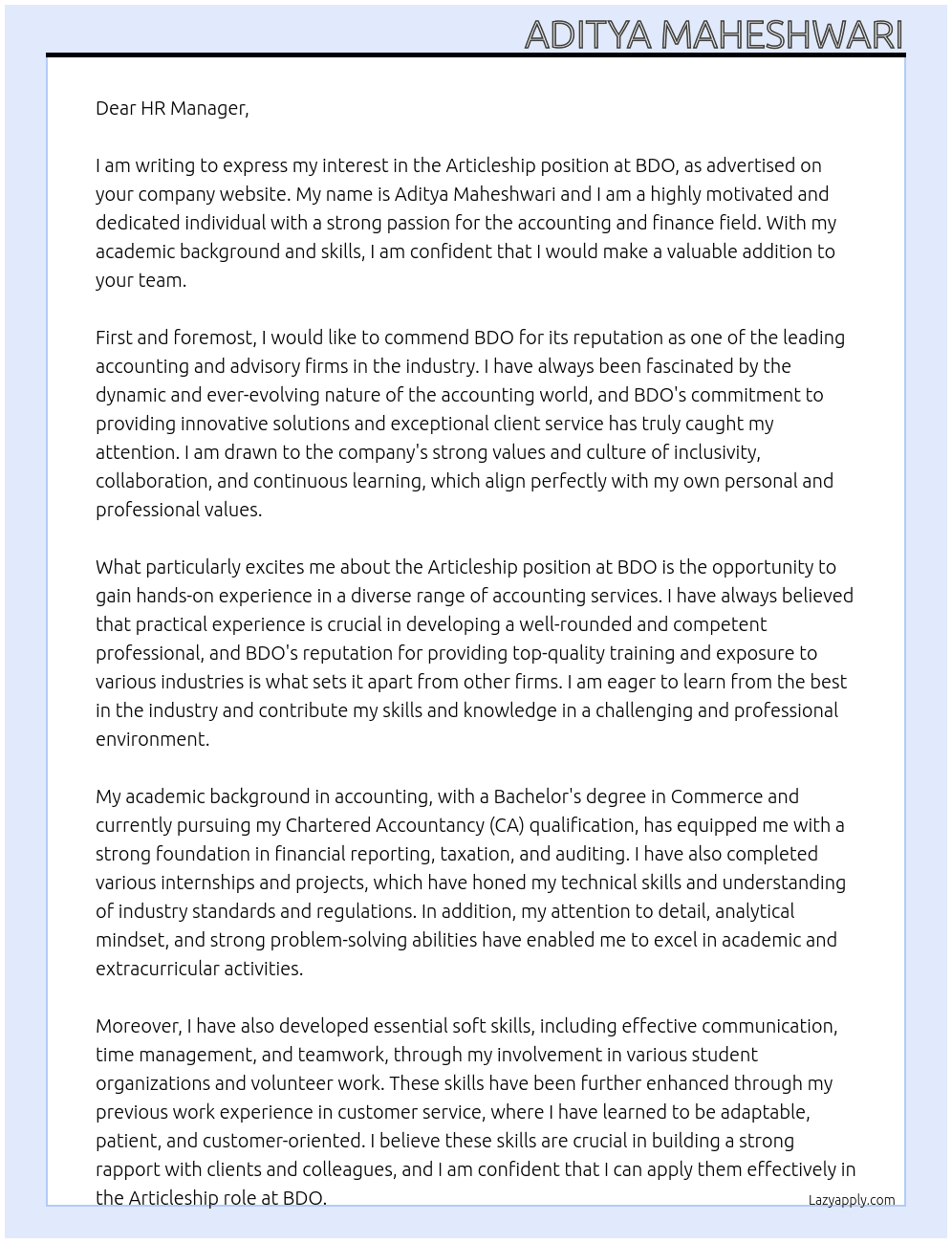 Articleship At BDO Cover Letter