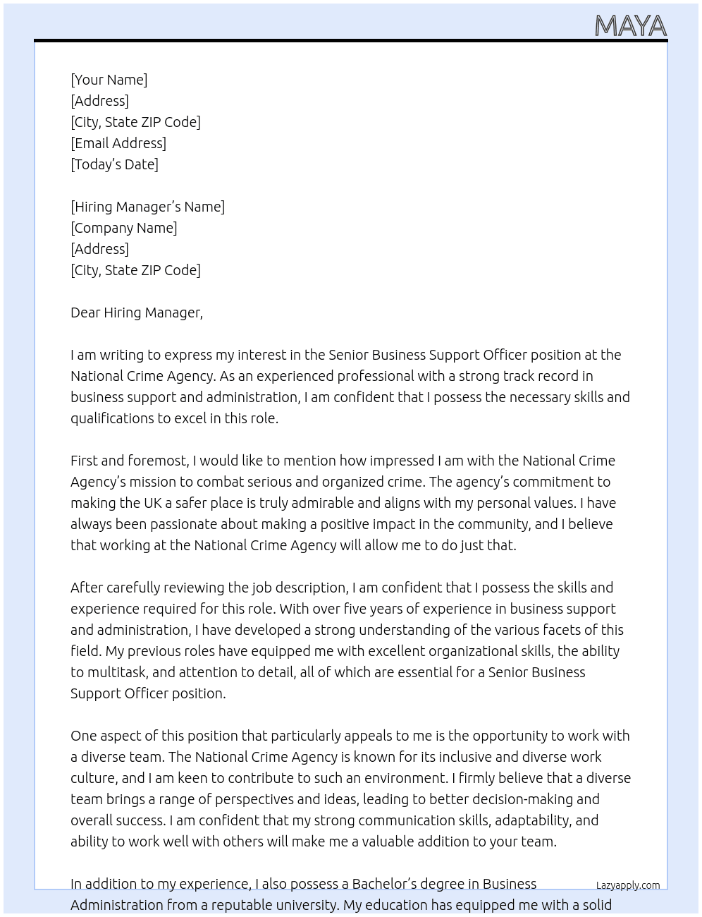 Senior Business Support Officer At National Crime Agency Cover Letter