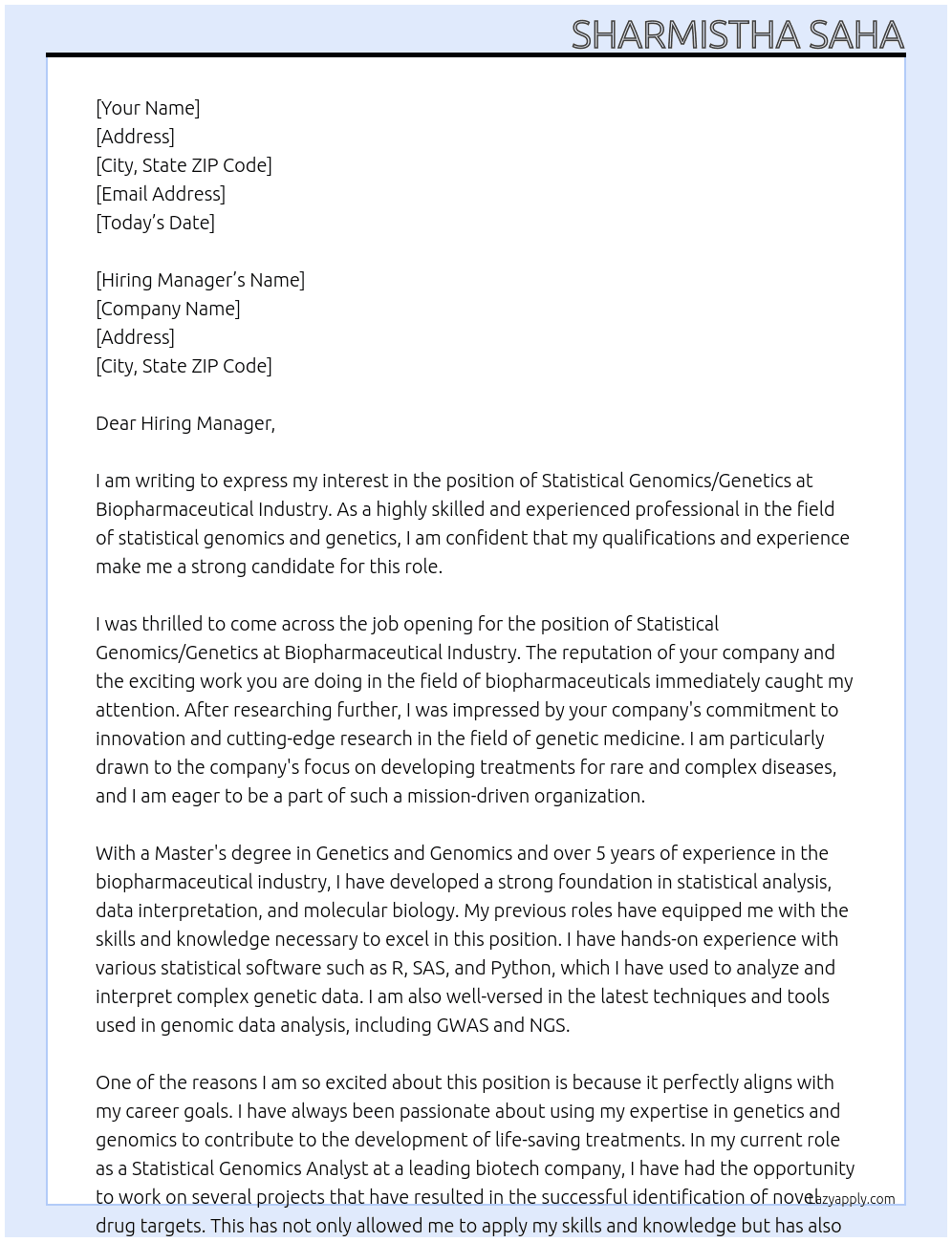 Statistical Genomics/Genetics At Biopharmaceutical Industry Cover Letter