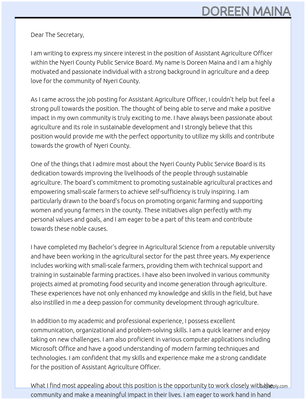 Assistant  Agriculture Officer  At Nyeri county public service board Cover Letter