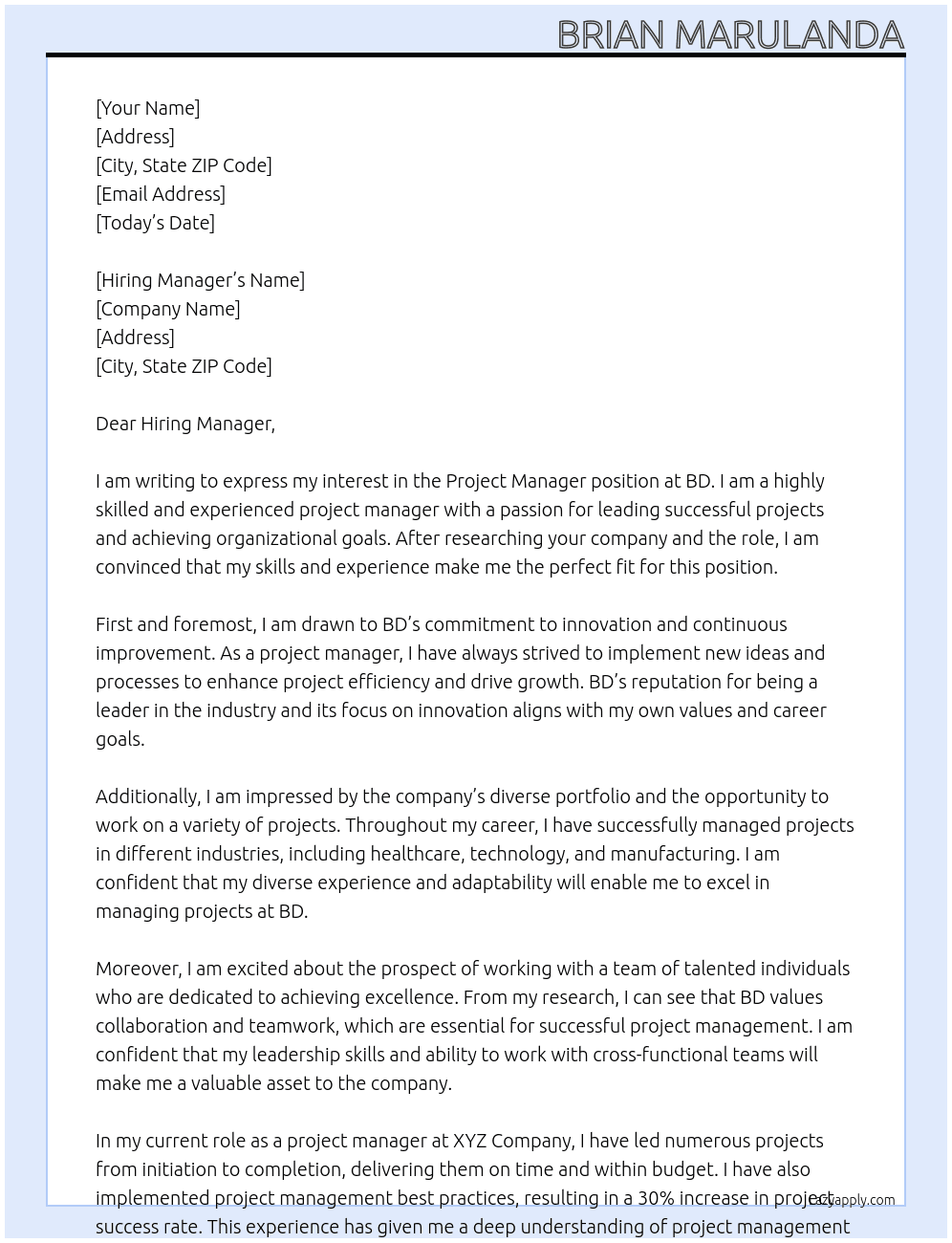 Project Manager At BD Cover Letter