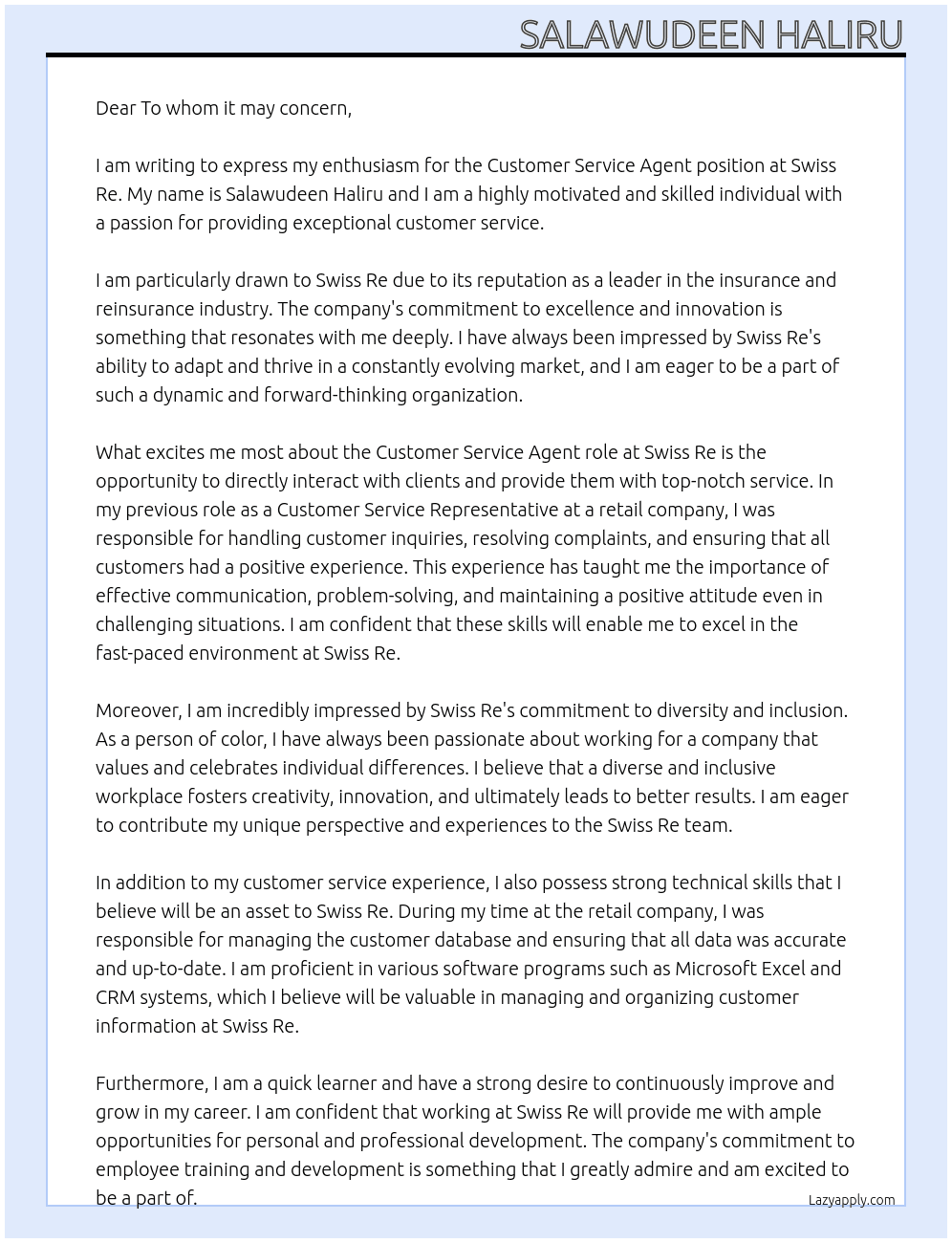 customer service agent At Swiss Re Cover Letter