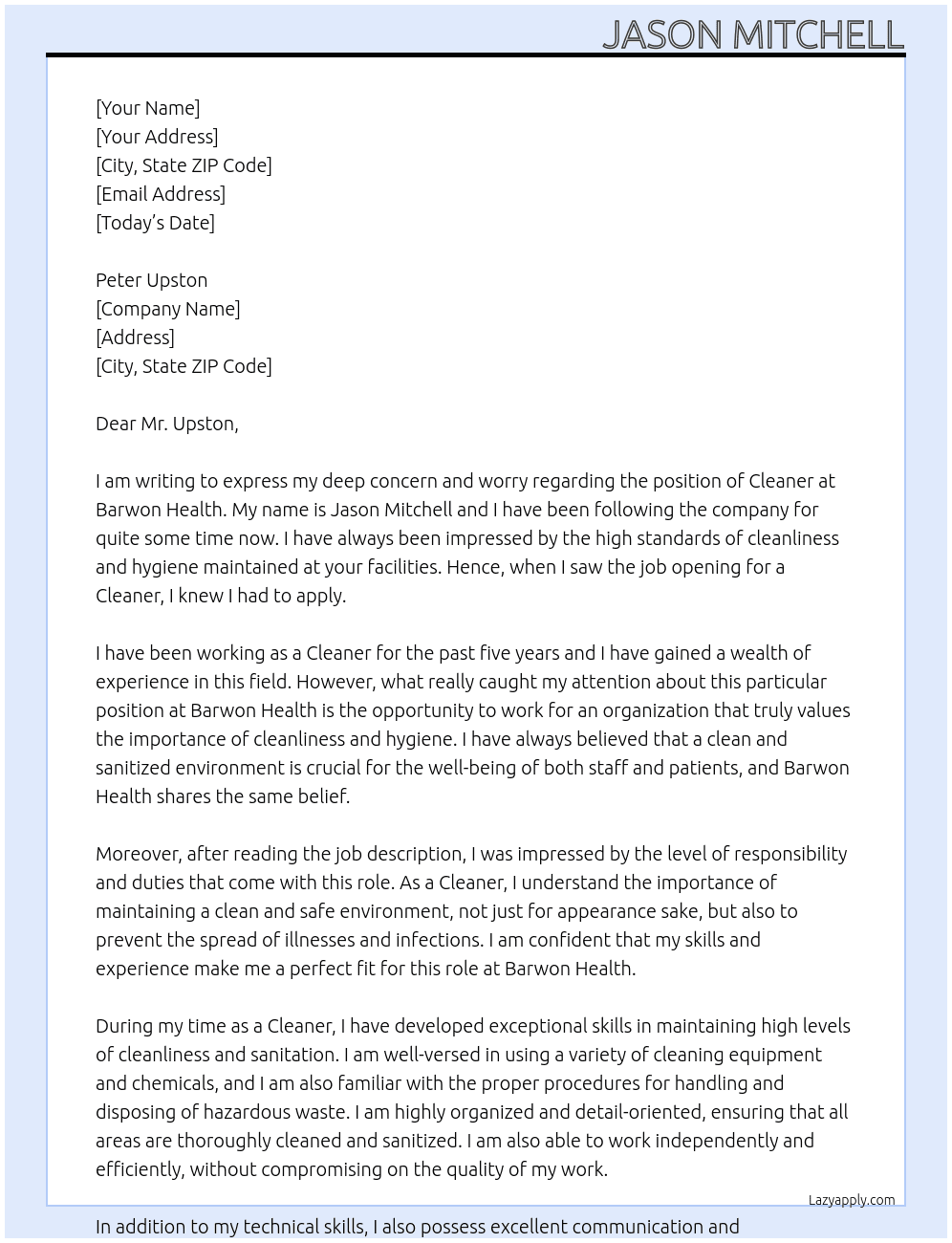 Cleaner At Barwon Health Cover Letter