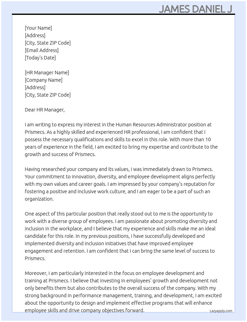 Human Resources Administrator  At Prismecs Cover Letter
