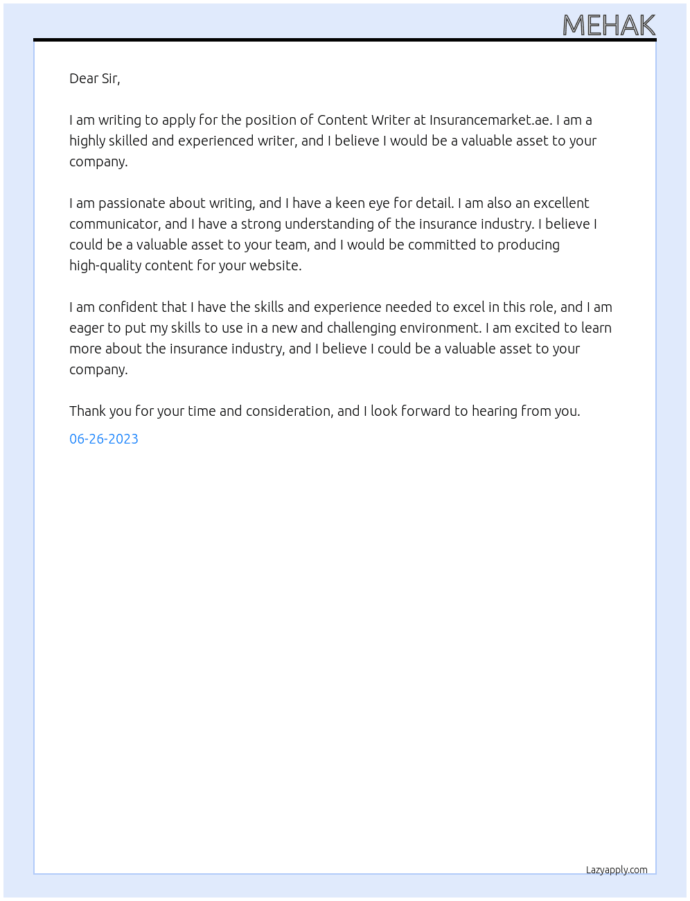 Content writer  At Insurancemarket. ae Cover Letter